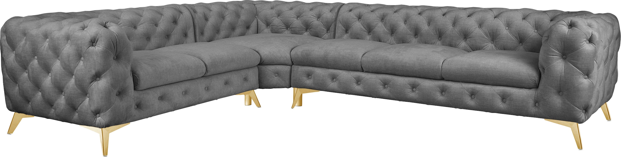 Leonique Chesterfield-Sofa »Ecksofa GLYNIS L-Form mit Wellenunterfederung, Maße B/T/H 323/264/75cm«, aufwändige Knopfheftung, moderne Chesterfield Optik, Fußfarbe wählbar