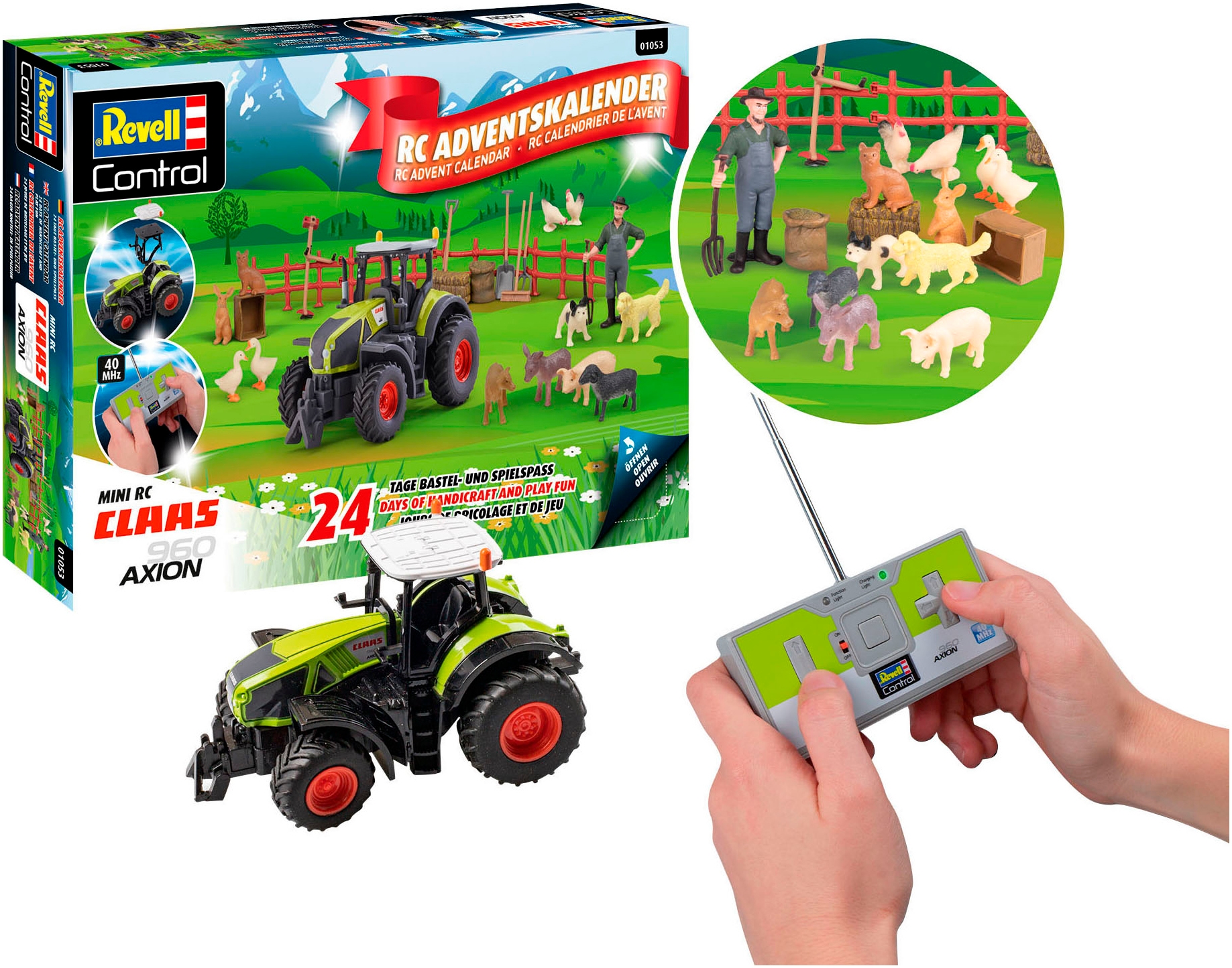 Revell® Spielzeug-Adventskalender »Bauernhofabenteuer, mit RC Traktor Claas Axion 960 zum Selberbauen«, ab 6 Jahren, inklusive Bauernhoftieren und -zubehör