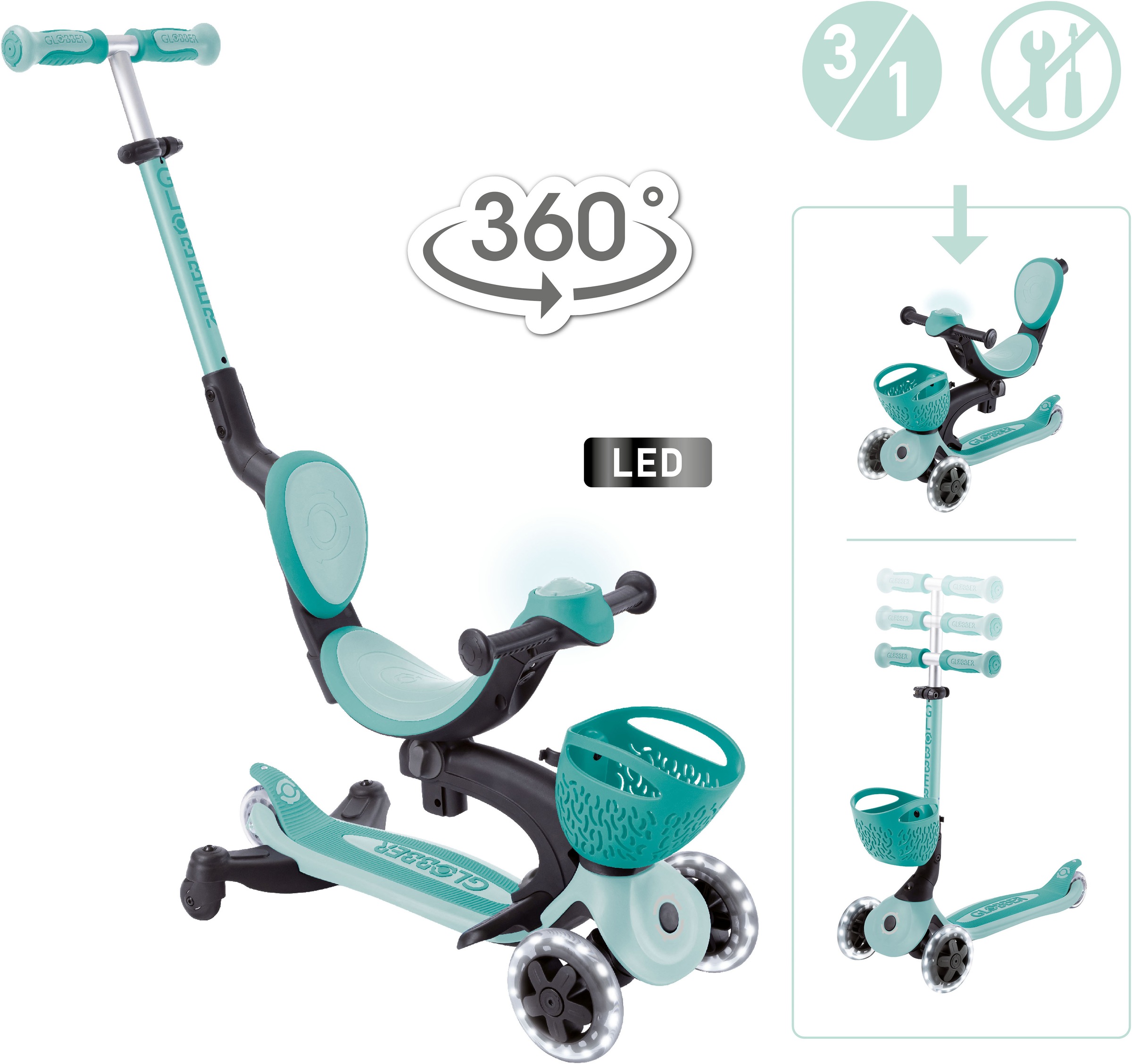 Globber Tretroller »GO-UP BABY 360 LIGHTS, mit Leuchtrollen und Leuchtmodul« Aufsitzrad, Laufrad und Scooter in Einem