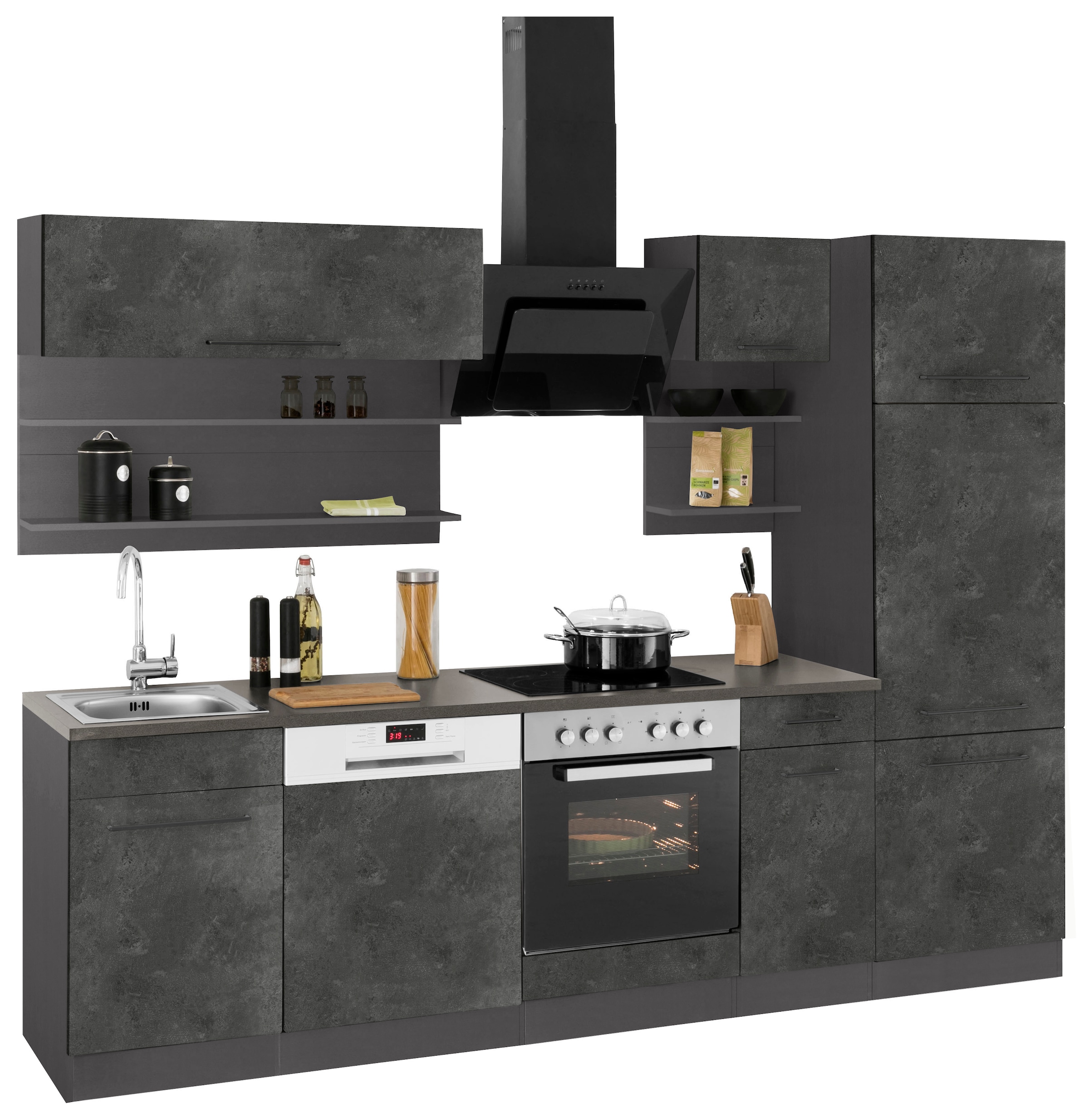KOCHSTATION Küchenzeile »KS-Tulsa«, mit E-Geräten, Breite 270 cm, schwarze Metallgriffe, MDF Fronten