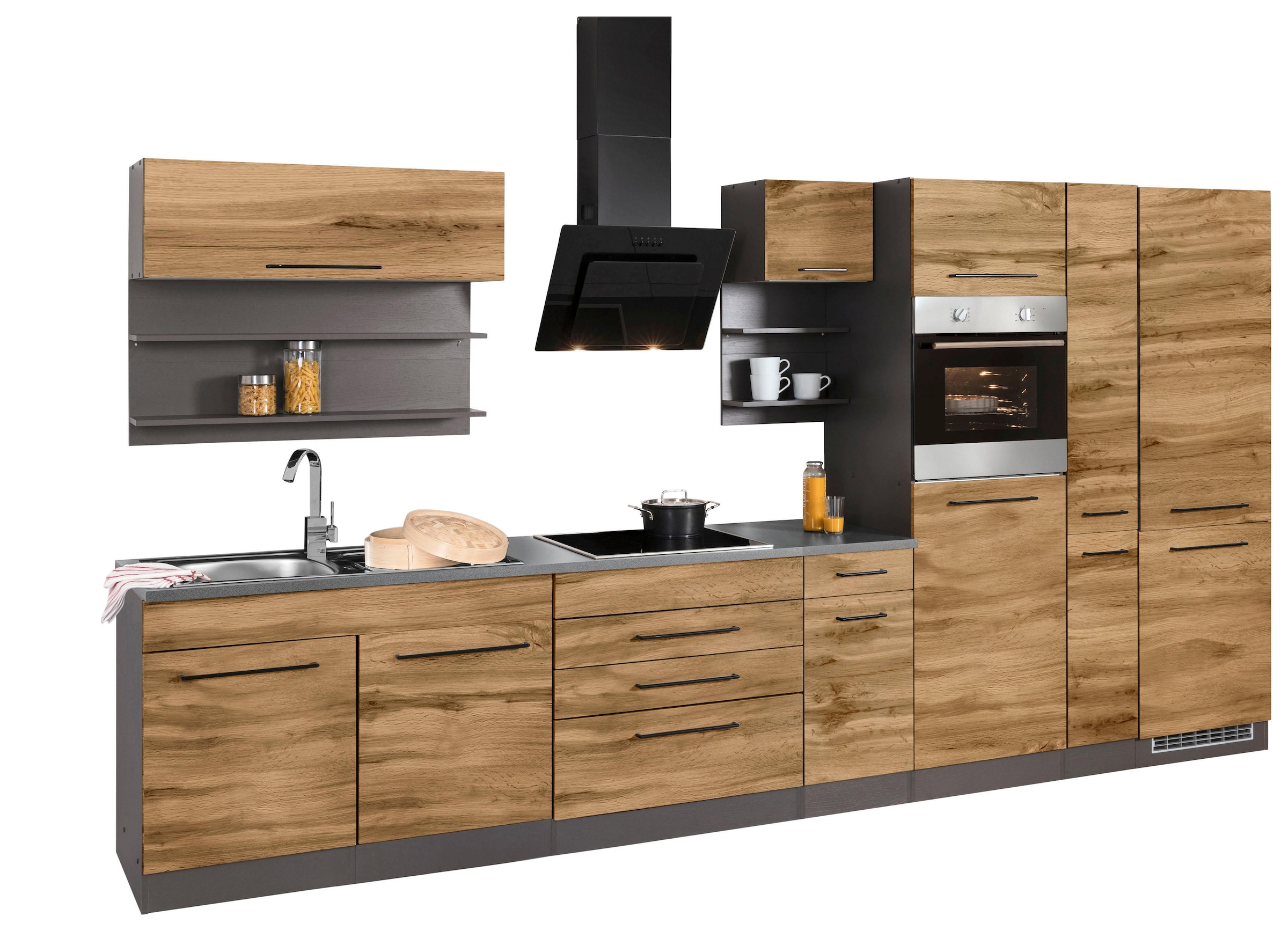 KOCHSTATION Küchenzeile »KS-Tulsa«, ohne E-Geräte, Breite 380 cm, schwarze Metallgriffe, MDF Fronten