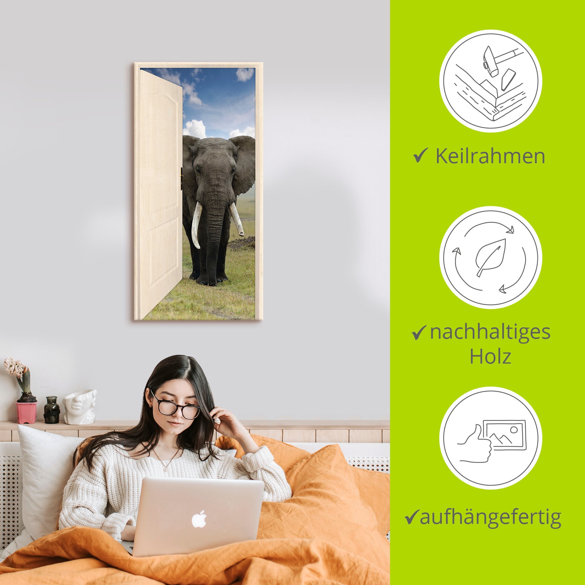 Artland Wandbild »Offene weiße Türe mit Blick auf Elefant«, Wildtiere, (1 St.), als Leinwandbild, Poster, Wandaufkleber in verschied. Größen