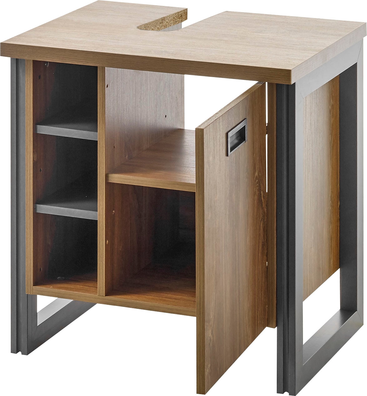 Home affaire Waschbeckenunterschrank »Detroit, Waschtisch mit Apothekergriff, Badschrank im Industrialdesign«, Eiche Dekor, mit offenen Fächern & Stauraum, Breite 61 cm
