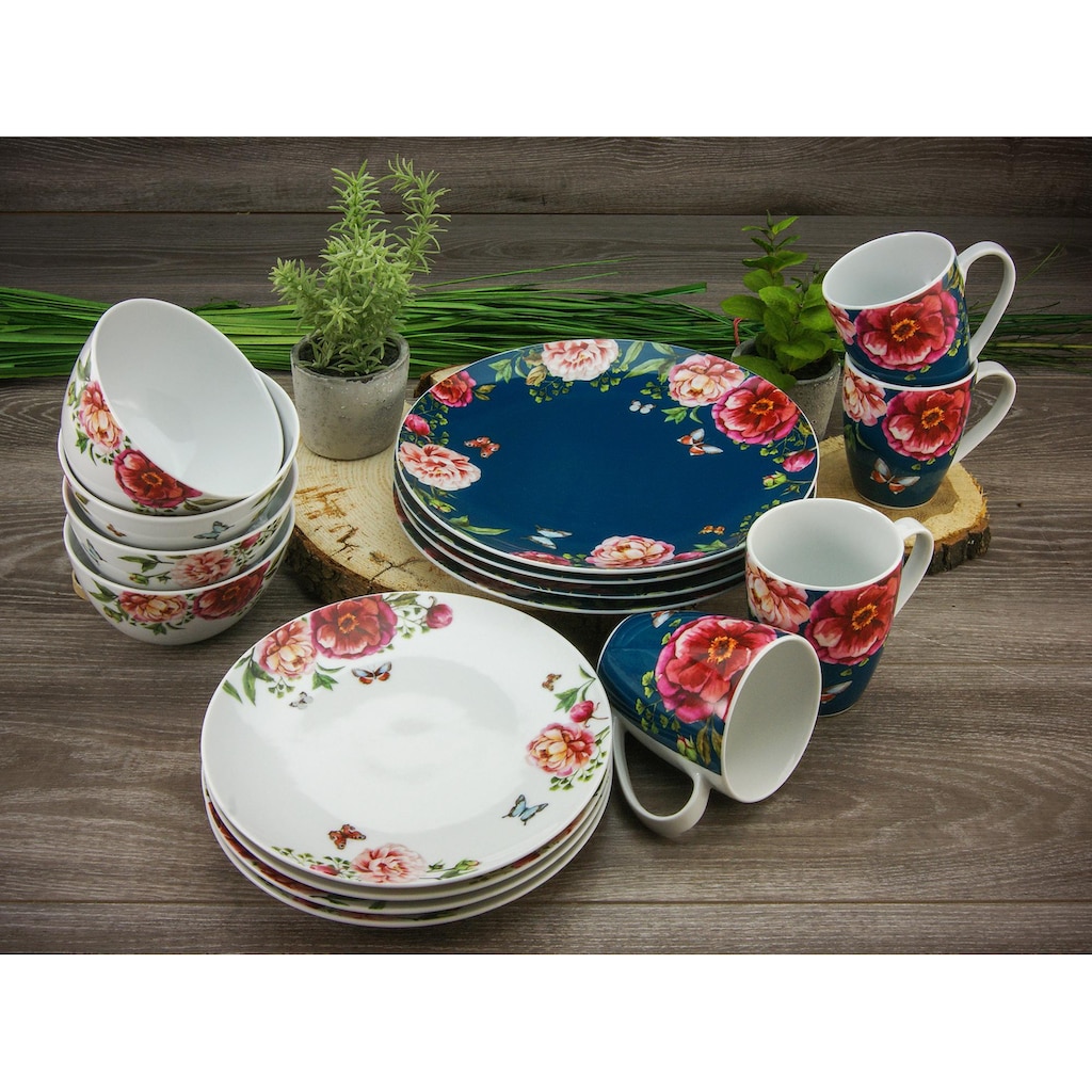 CreaTable Kombiservice »Geschirr-Set Enjoy Roses«, (Set, 16 tlg., Kaffeeservice und Tafelservice im Set, für 4 Personen)