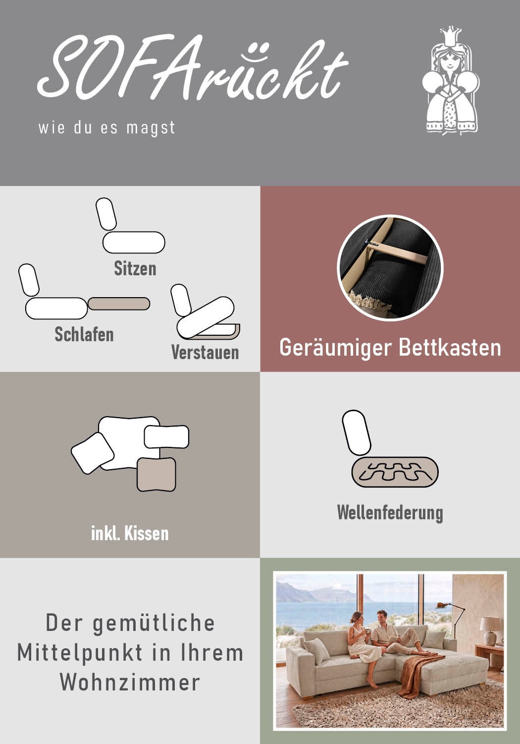 Jockenhöfer Gruppe Ecksofa »Bologna, L-Form, Breite: 298 cm, Cord-Bezug, beidseitig montierbar« mit Bettfunktion, Bettkasten&Zierkissen, Wellenfederung, XXL-Ottomane