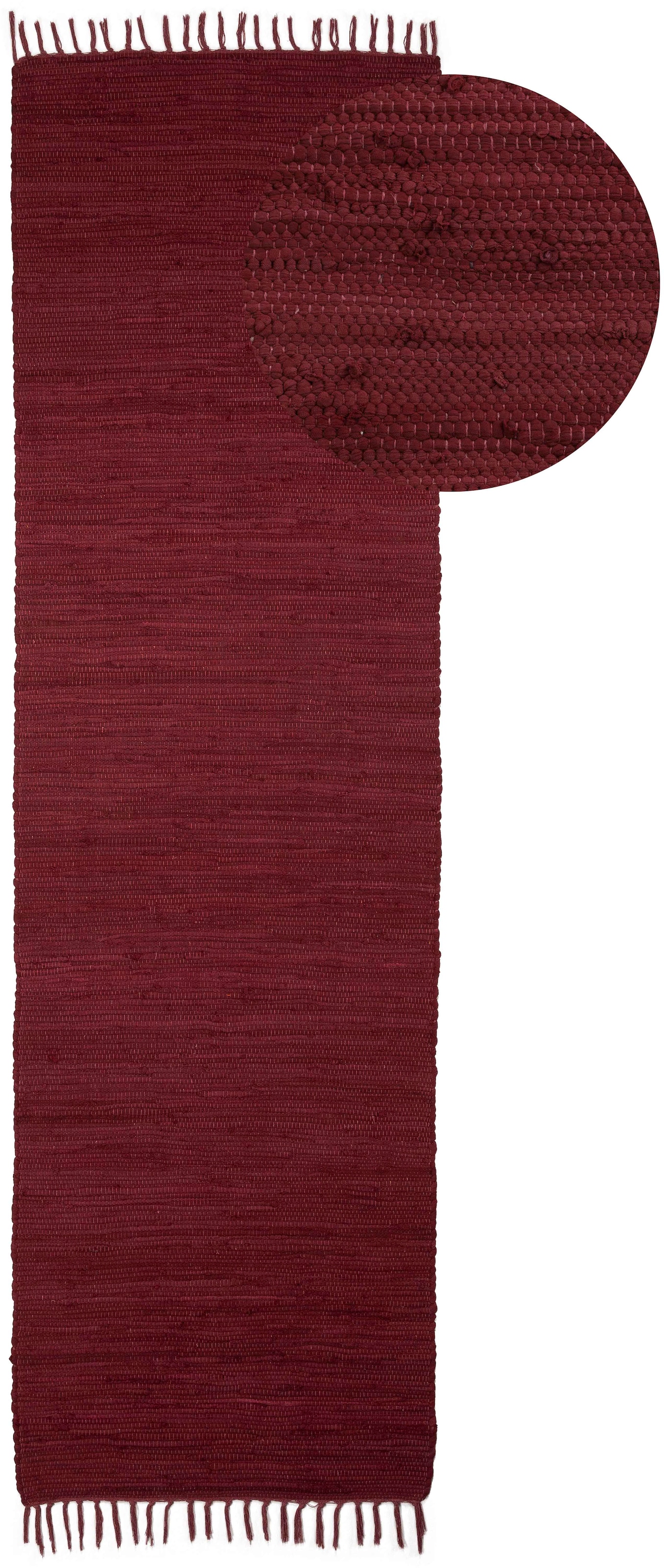 Teppich CARPETFINE "Kelim Chindi uni, auch als Läufer", lila (violett), B:70cm H:5mm L:140cm, Baumwolle, Teppiche, Teppich, Wendeteppich, reine Baumwolle, handgewebt, Uni-Farben, mit Fransen