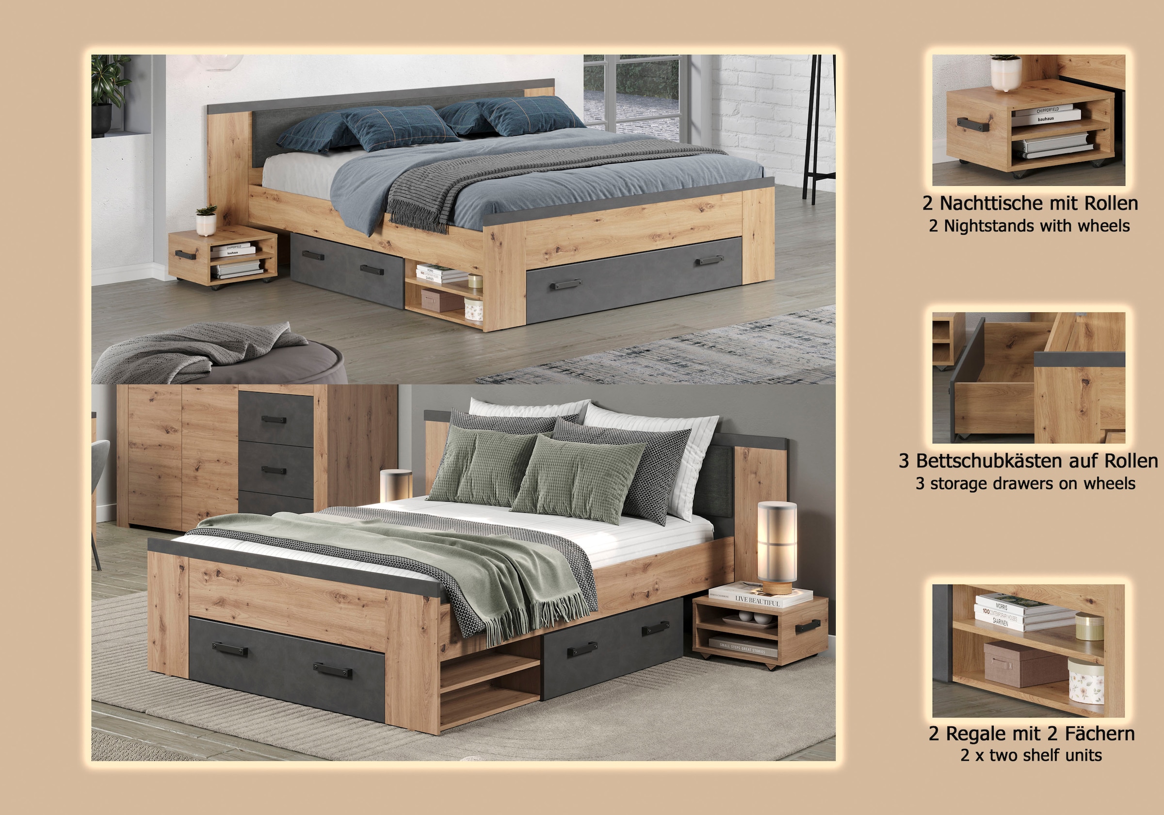 Home affaire Stauraumbett »Ambres« 1 Stk. tlg. ausziehbare Bettkästen, Fächer mit Stauraum, braun, Eiche