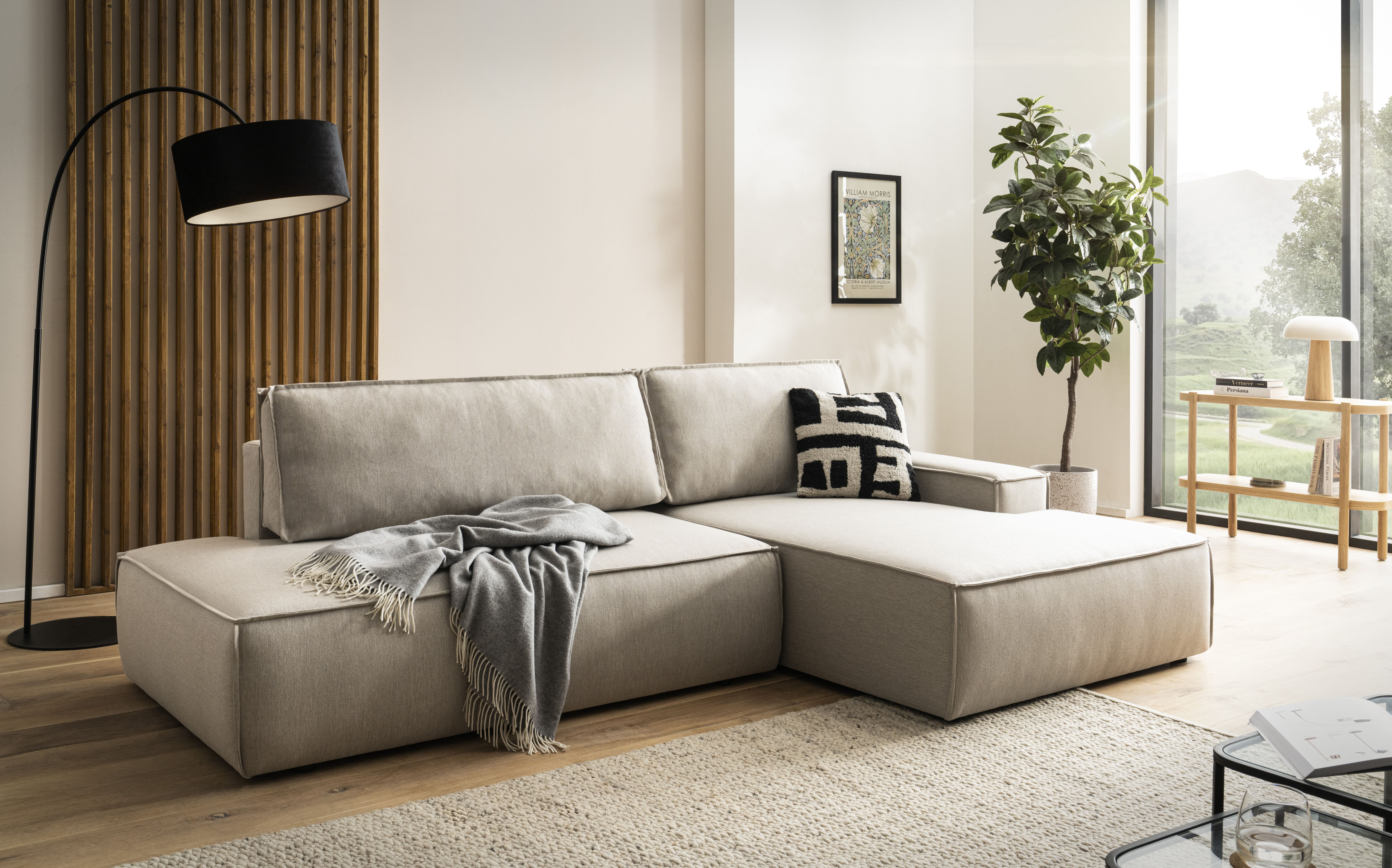 OTTO home Ecksofa "SHERWOOD Leinenoptik Schlafsofa in L-Form offen (275cm)" Schlaffunktion und Bettkasten, Kedernaht, hoher Sitz- & Liegekomfort