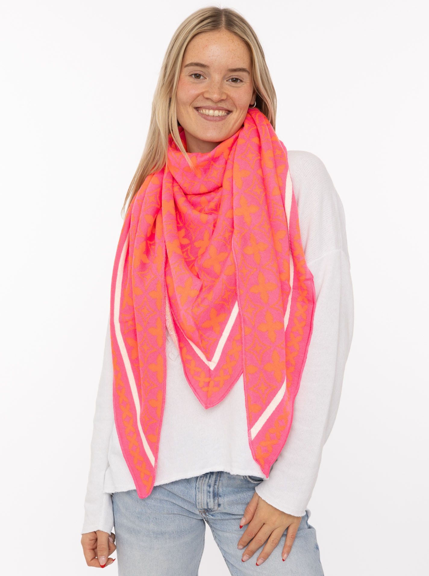 Dreieckstuch ZWILLINGSHERZ "Luxus Grafik", Damen, pink orange, Strick, Materialmix, gemustert, mehrfarbig, Modetücher, Strick, farbenfrohes Muster, wärmend