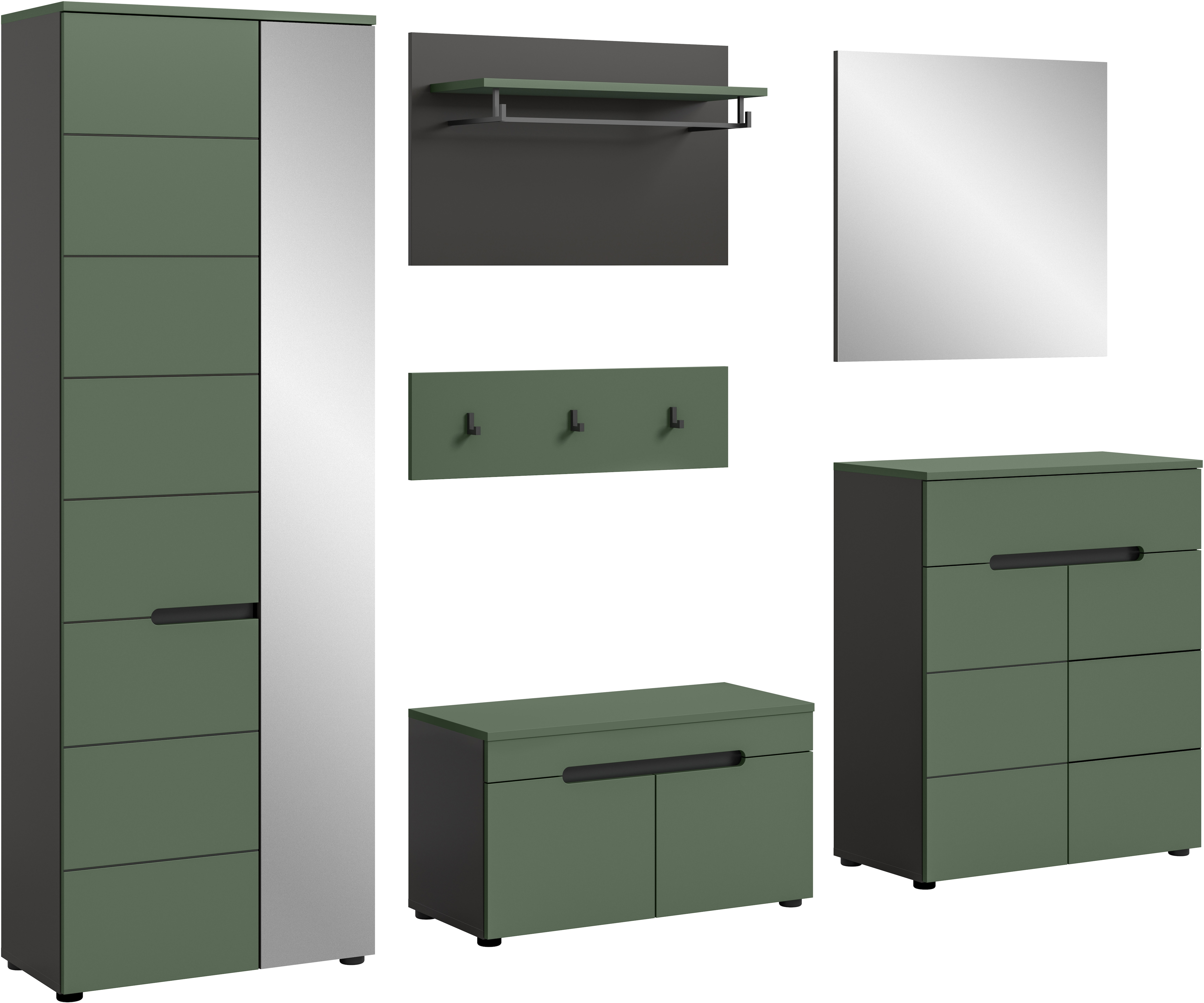 Home affaire Garderoben-Set "Rehat, Garderobenkombination, Breite 255cm" Garderobenschrank, Sitzbank, Paneel, Hakenleiste, Spiegel, Kommode, 6 Stk. tlg.