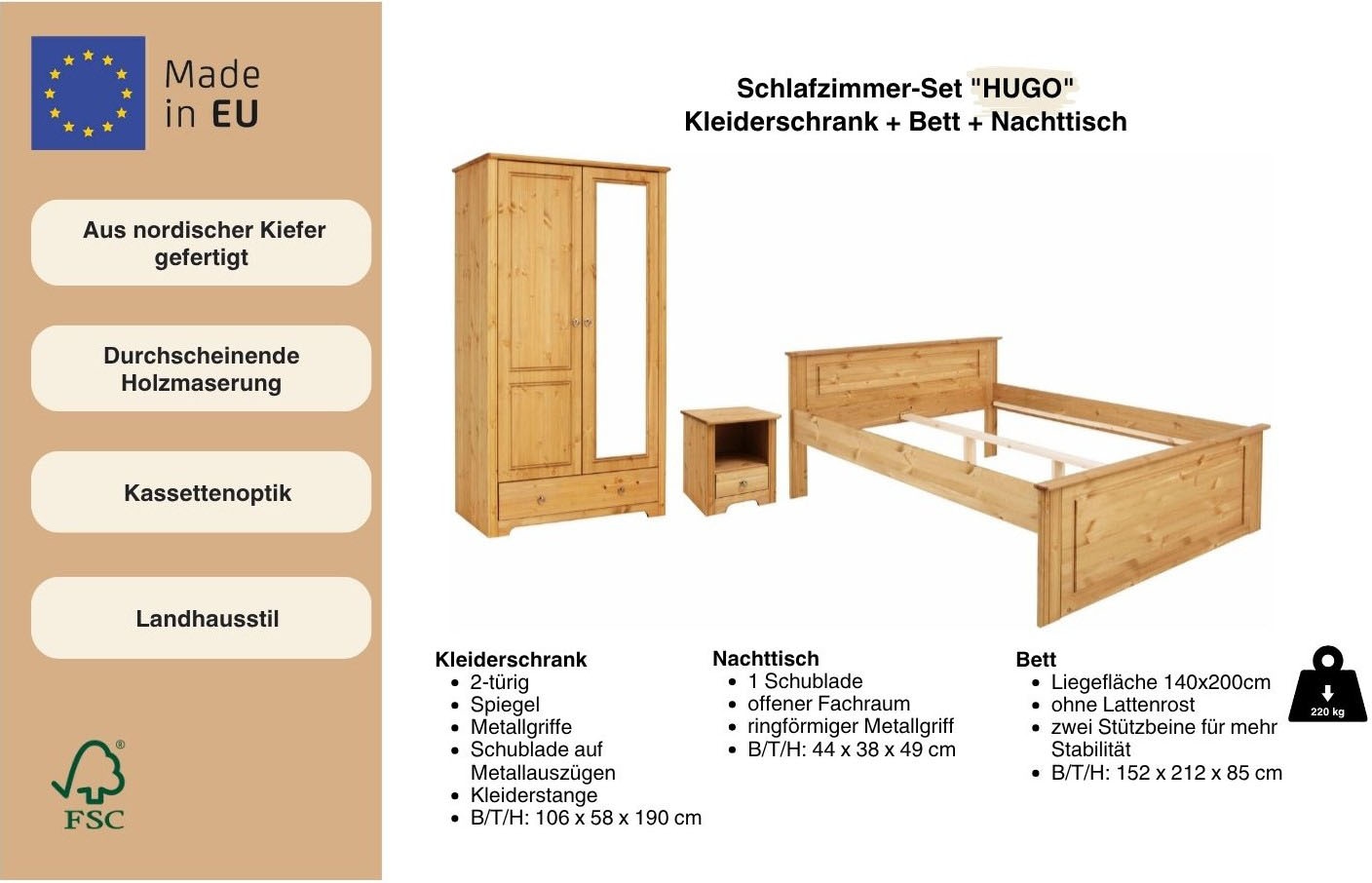 Home affaire Schlafzimmer-Set »Hugo« Set, 3 Stk. tlg. Bett 140x200cm, 2-trg Kleiderschrank und 1 Nachttisch