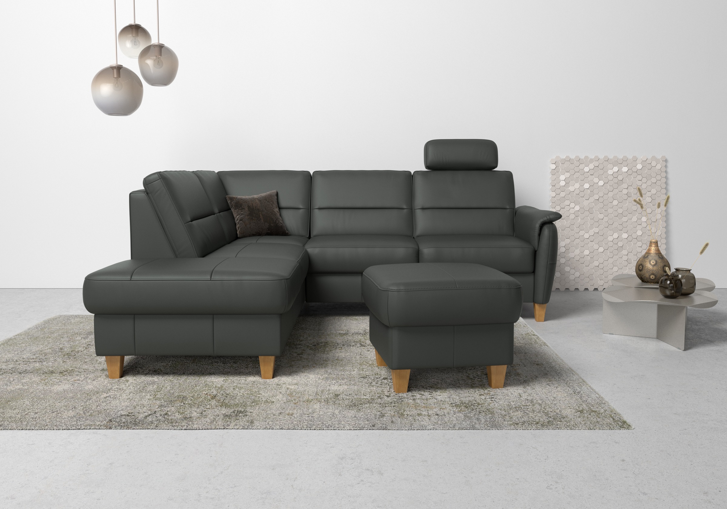 Home affaire Ecksofa "Palmera, L-Form, B: 236 cm, Bettfunktion & Bettkasten wählbar" Federkern-Polsterung, Sitzhöhe 48 cm, handgefertigt, stilvolles Design