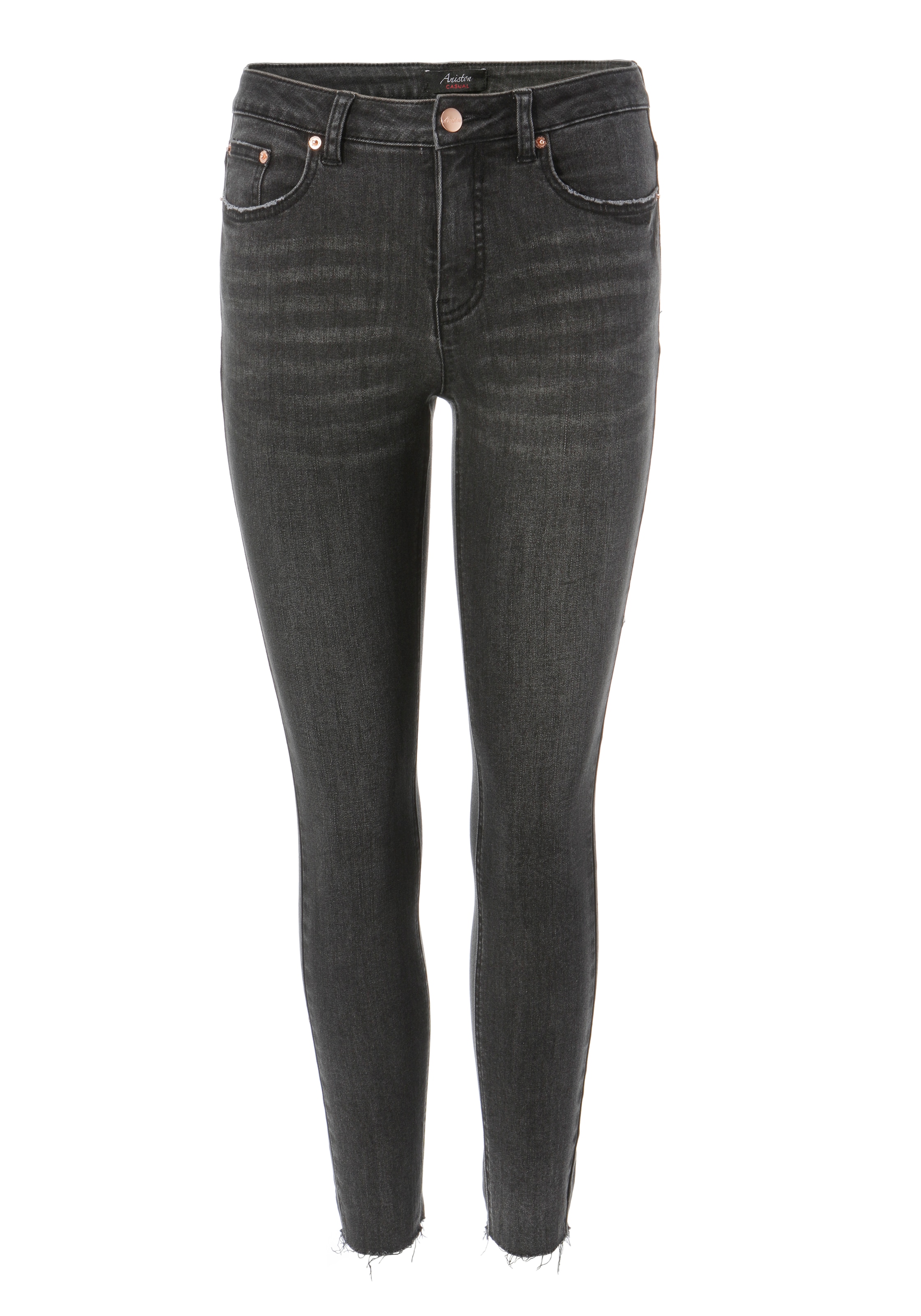 ausgefransten regular CASUAL Skinny-fit-Jeans, | Beinabschluss - BAUR bestellen waist online Aniston mit