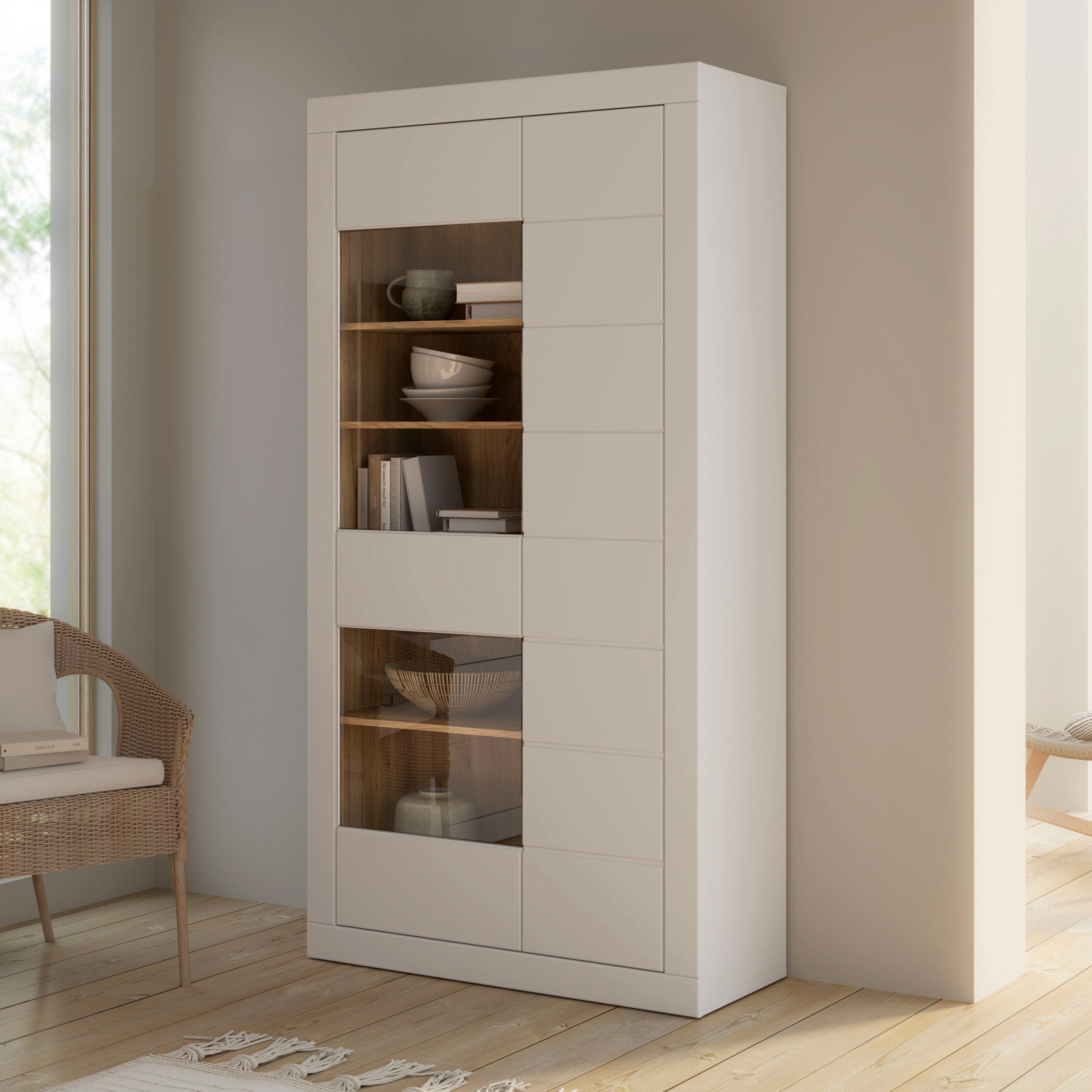 FORTE Vitrine »Lefkadas, Breite 101cm, Höhe 196cm«, Highboardvitrine, grifflose Front, breite Rahmenoptik mit Glaseinsatz