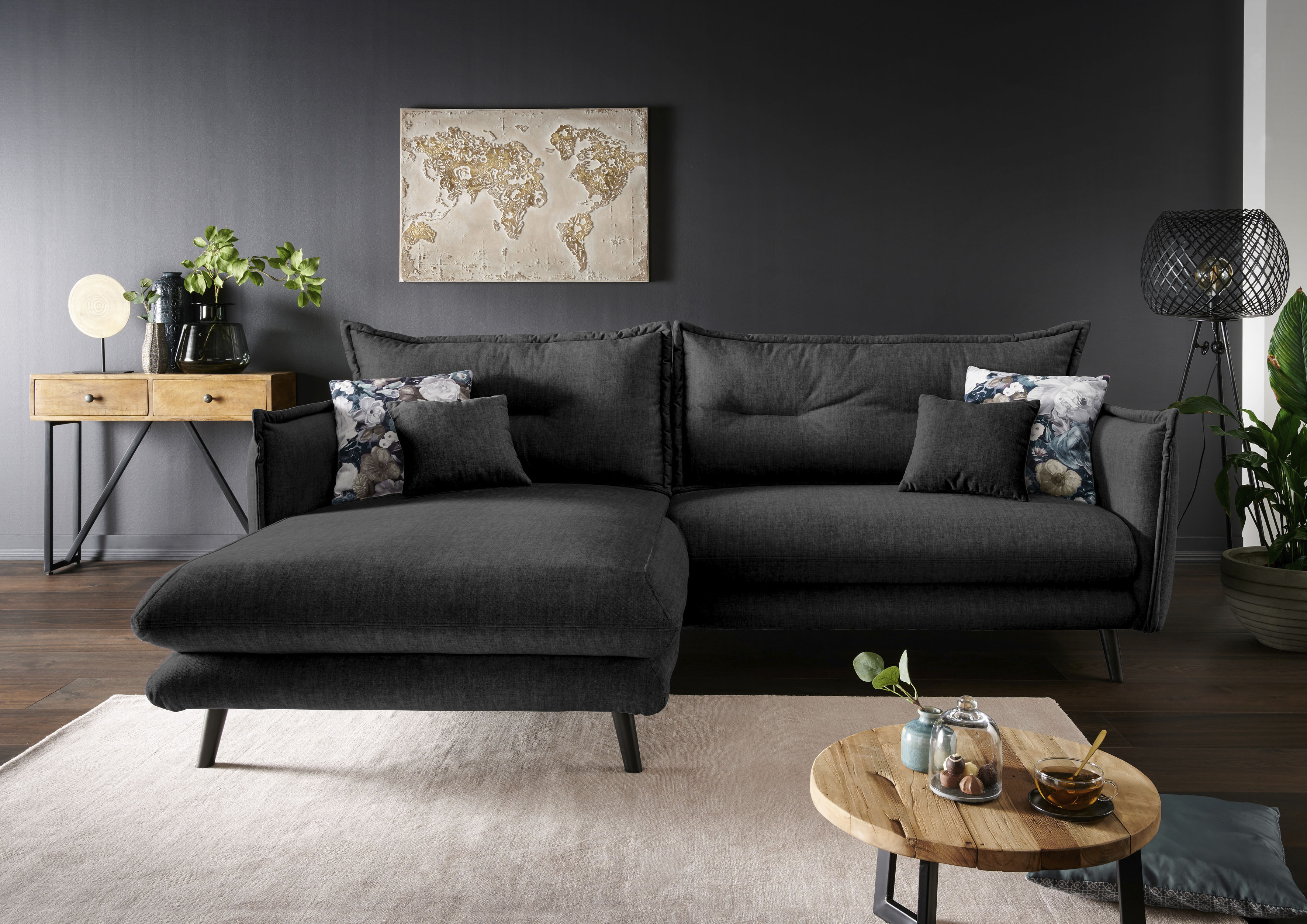 Home affaire Ecksofa "Levke, 255 x 180 cm, modern und bequem" Velours, Kissen: Microfaser, L-Form, inkl. Rücken- und Zierkissen