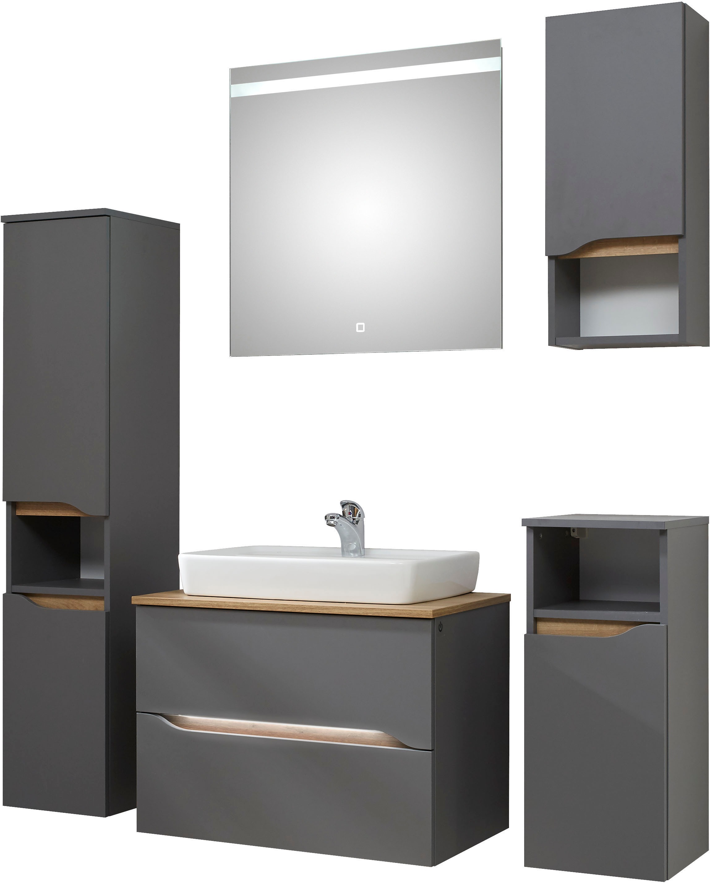 Thumbnail - Saphir Badmöbel-Set "Quickset 5-teilig, Keramik-Aufsatzbecken mit LED-Spiegel", (8 St.), Midischrank, Unterschrank, Häng...