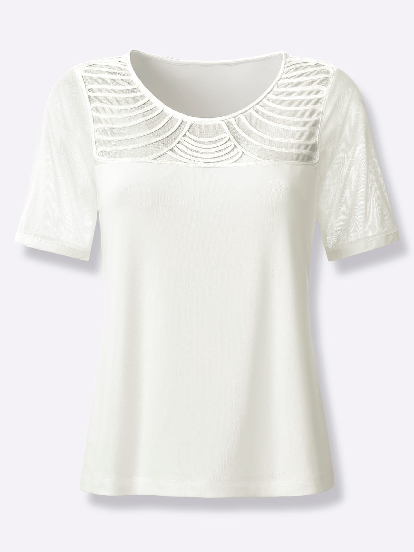 Kurzarmshirt CREATION L "Mesh-Shirt", Damen, Gr. 42, ecru, 95% Polyester, 5% Elasthan, unifarben, Rundhals, Shirts 2