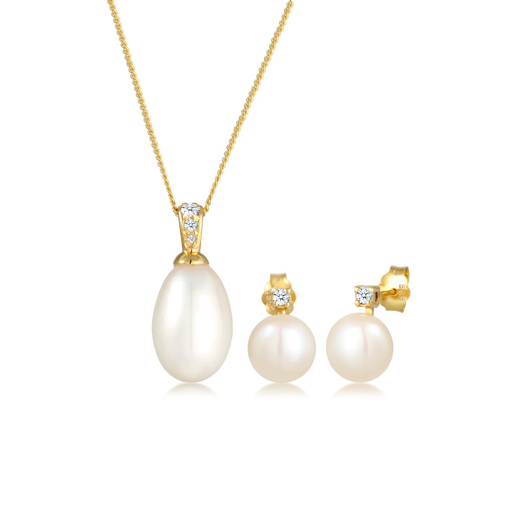 Elli DIAMONDS Schmuckset »Klassisch Perle Diamant (0.11 ct.) 585 Gelbgold«