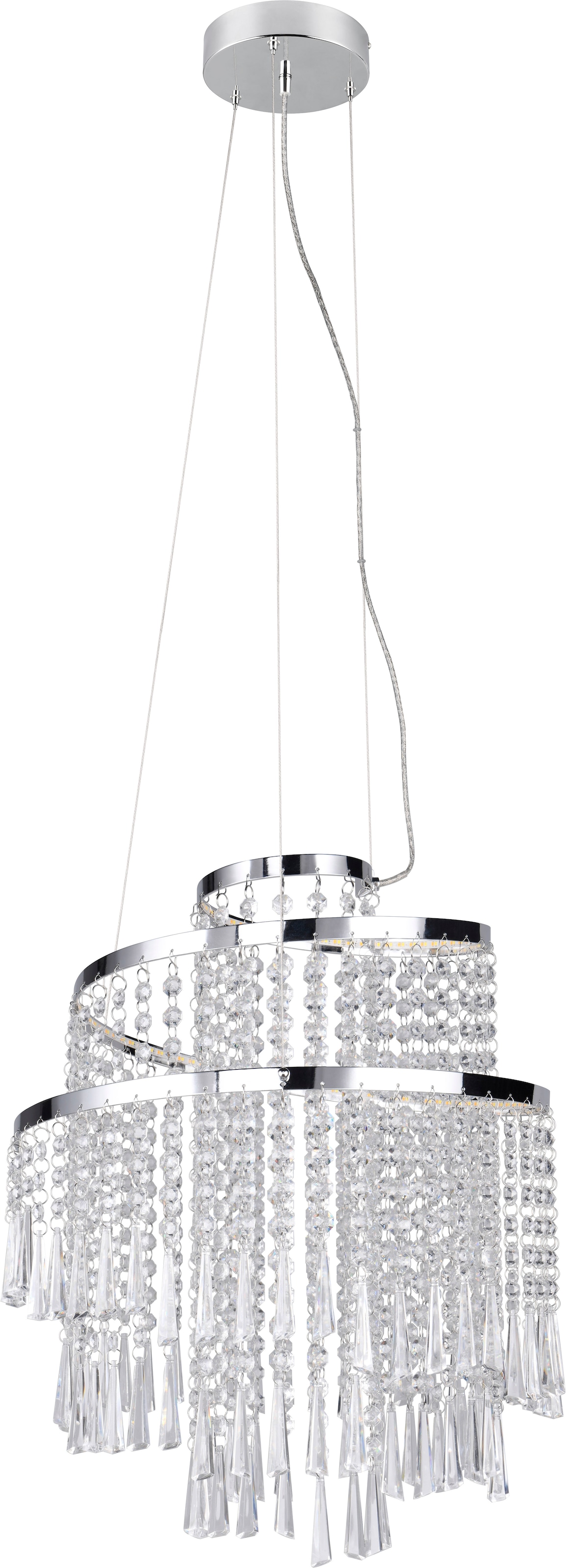 REALITY Leuchten LED Pendelleuchte »POMP, Kronleuchter chromfarbig mit Acryl Behang Ø 38cm Höhe 150 cm« LED-Board 1 Stk. Farbwechsler | warmweiß - kaltweiß LED Hängelampe 30W 4300 Lumen CCT 2700-6500K dimmbar mit Fernbedienung