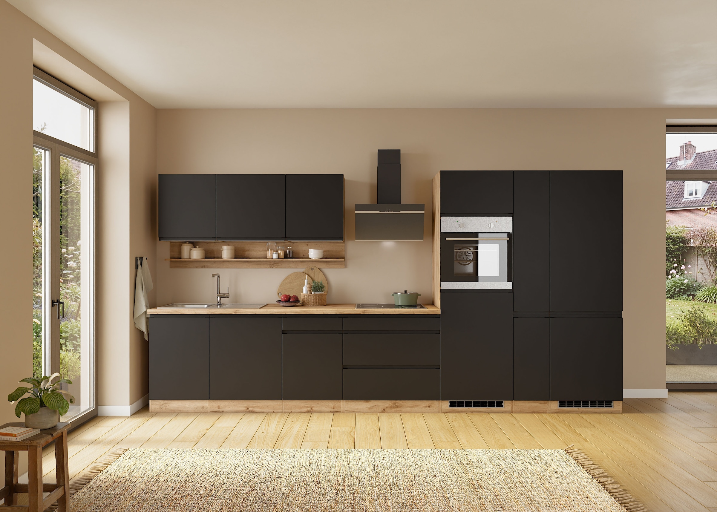 KOCHSTATION Küchenzeile »KS-Virginia,neu in verbesserter Ausführung« Arbeitsplatte 38 mm stark, Stauraum, Softclose,  Breite 390 cm, Soft-Close, mit Glaskeramik-oder Induktionskochfeld