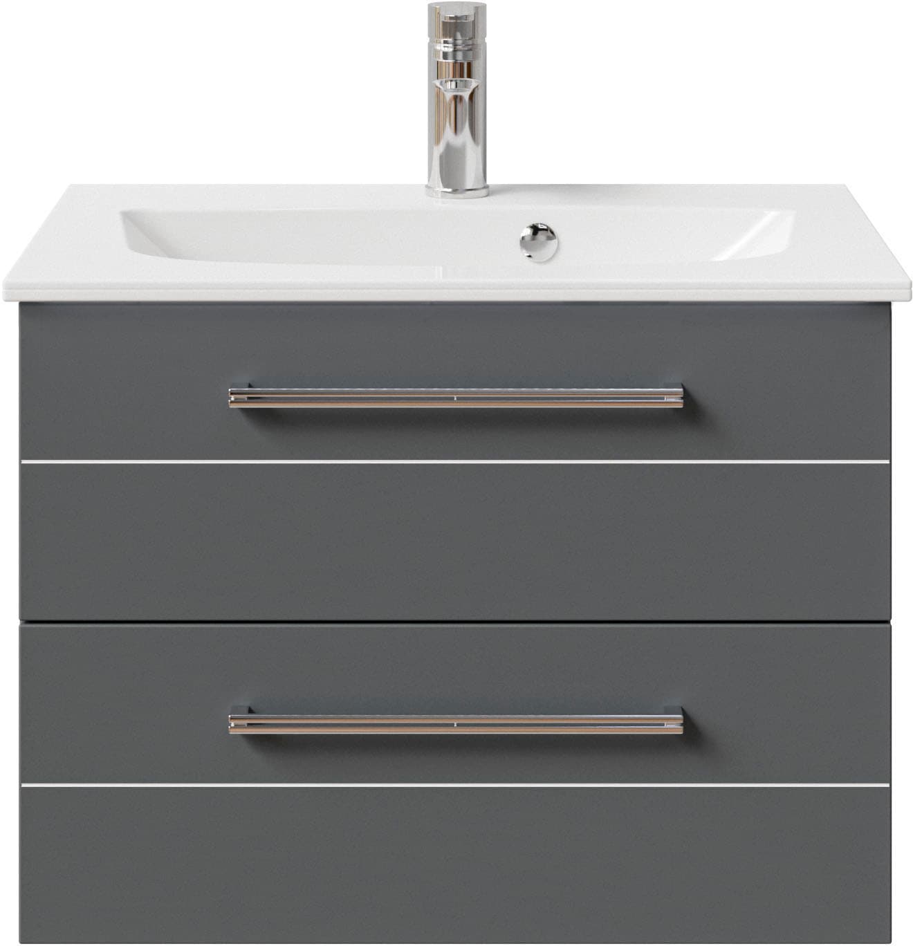 Saphir Badmöbel-Set »Serie 6025 2-teilig Mineralmarmor-Waschtisch mit LED-Spiegelschrank«, (2 St.), Waschplatz 67 cm breit, 2 Schubladen, 2 Spiegel-Türen, inkl Türdämpfer