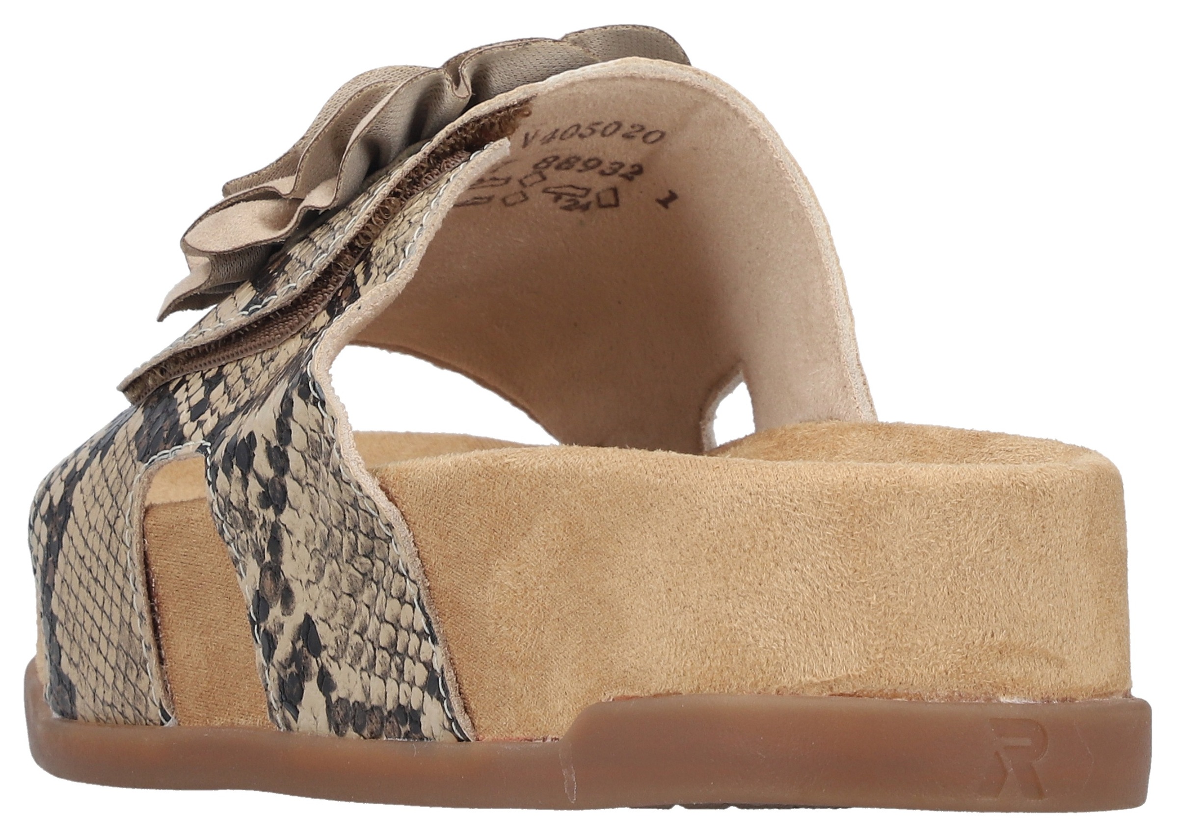 Pantolette RIEKER, Damen, Gr. 37, beige, kombiniert, Lederimitat, Reptilienprägung, Schuhe Pantolette, Sommerschuh, Urlaubsschuh, Strandschuh mit Blüte 2