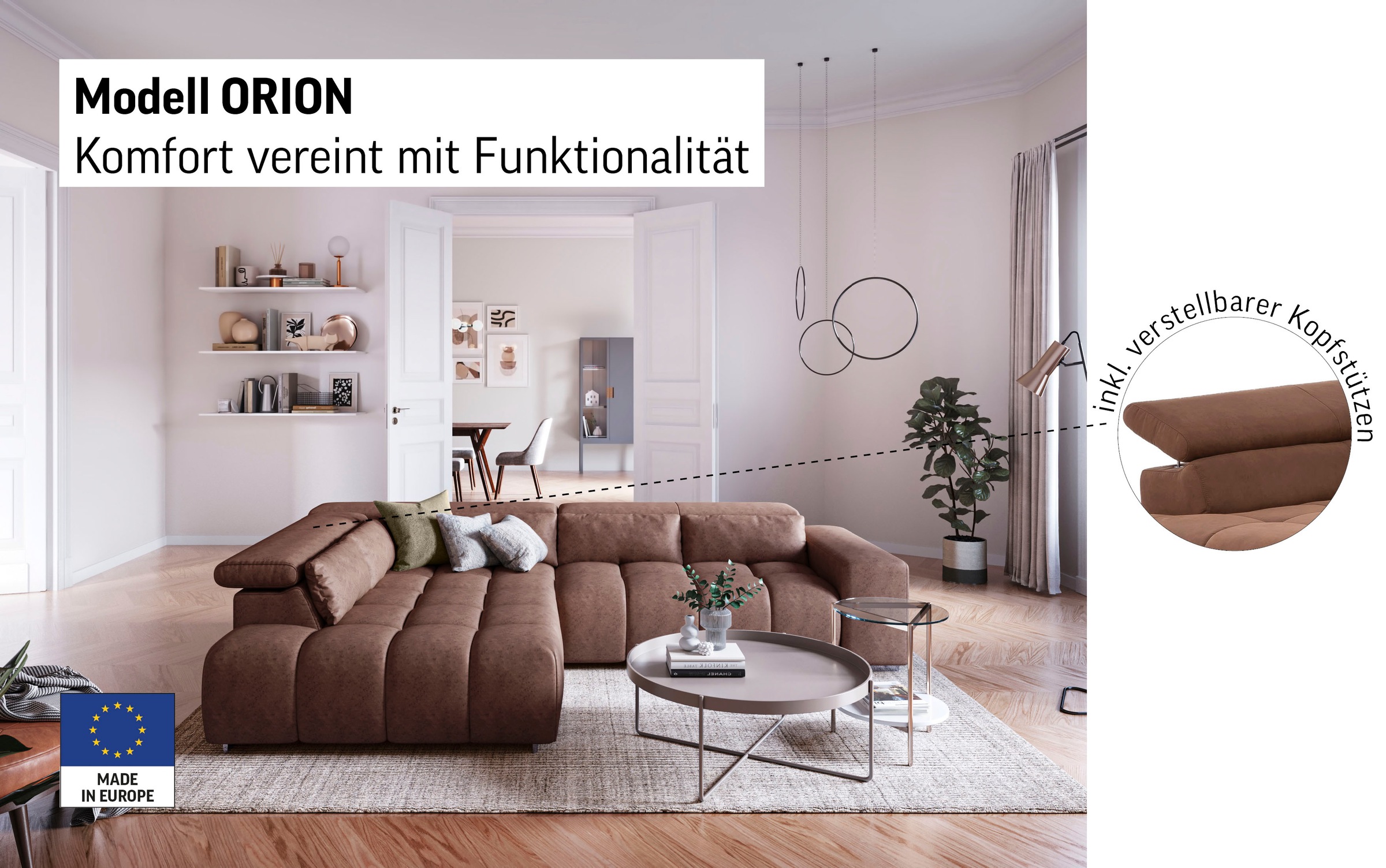 Thumbnail - COTTA Ecksofa "Orion L-Form" mit Kopfteilverstellung & 5 Nierenkissen