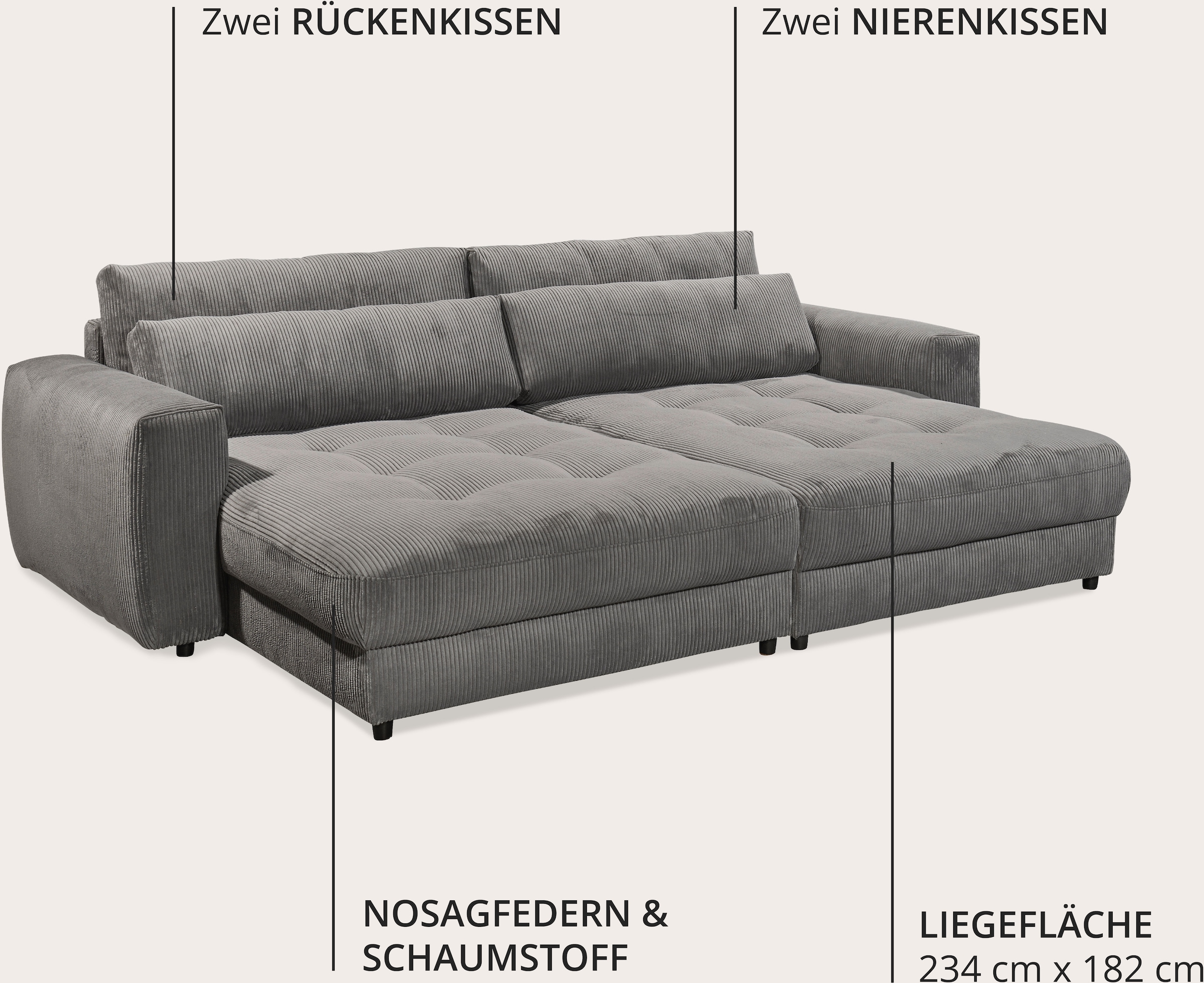 ED EXCITING DESIGN Big-Sofa »Loveseat, 2-Sitzer, Barura, Breite 292« Big-Sofa mit 2 Nierenkissen