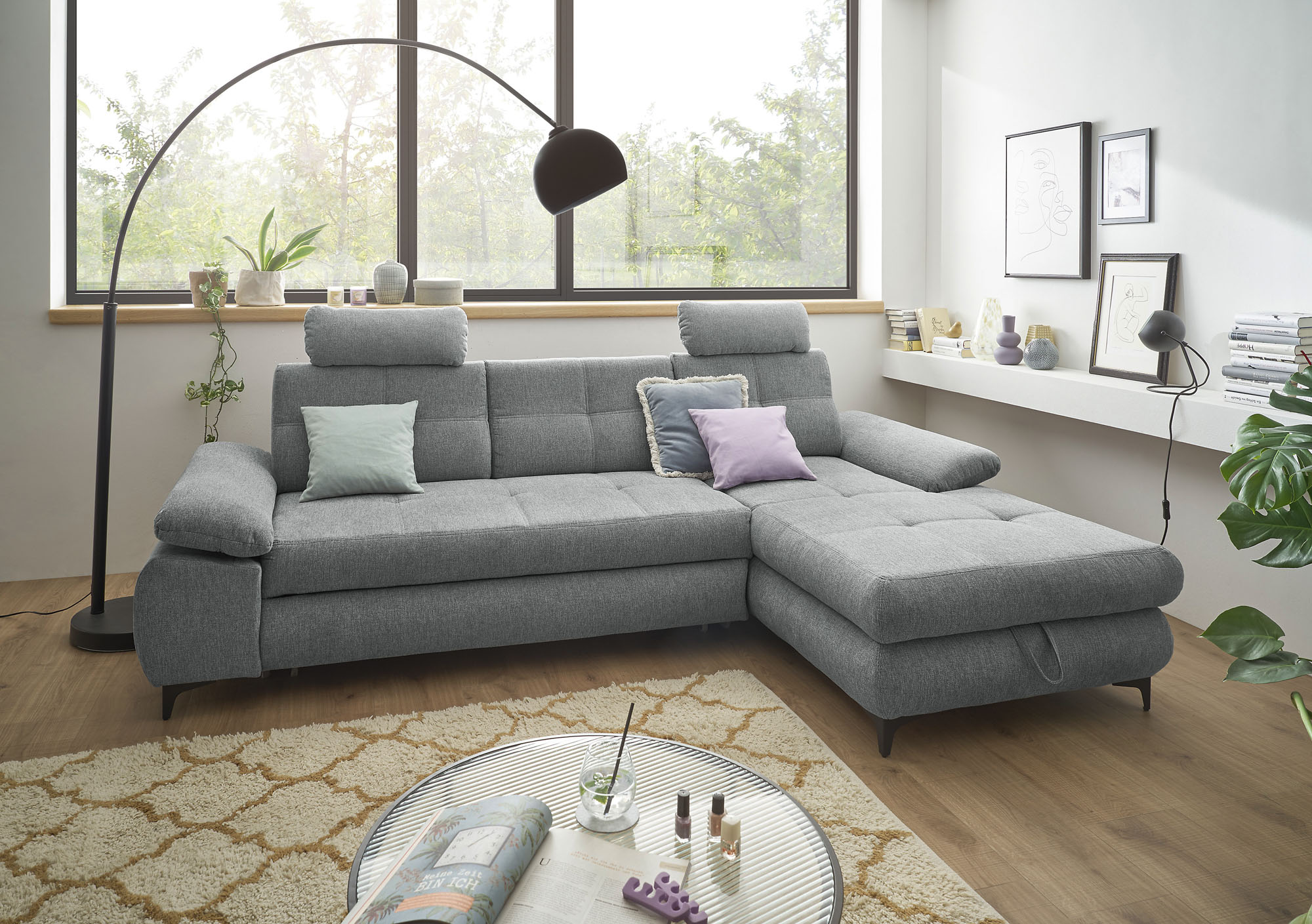 Ecksofa ED EXCITING DESIGN "Altona L-Form", grau, B:274cm H:88cm T:177cm, 100% Polyester, Sofas, Ecksofa, mit Bettfunktion, Bettkasten, Armteilverstellung & Kopfstützen