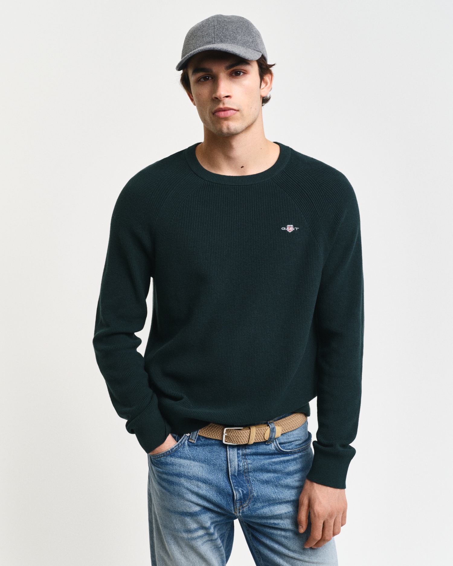 Gant Rundhalspullover "COTTON WOOL RIB C-NECK", Rippstrickstruktur