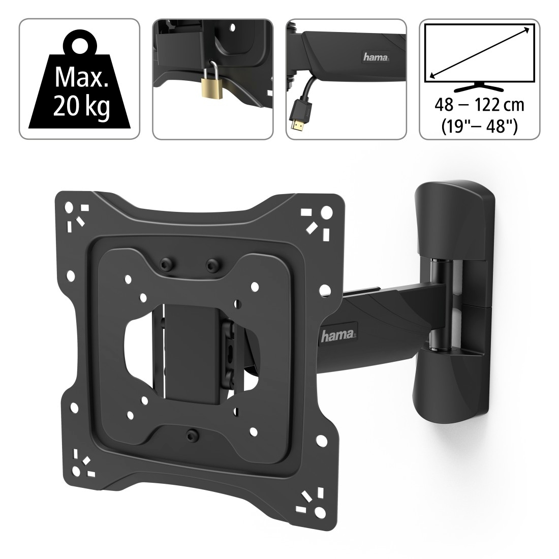 Hama TV-Wandhalterung »Wandhalterung (schwenkbar, neigbar,19"-48", VESA 200x200)«, bis 122 cm Zoll, mit Diebstahlschutz