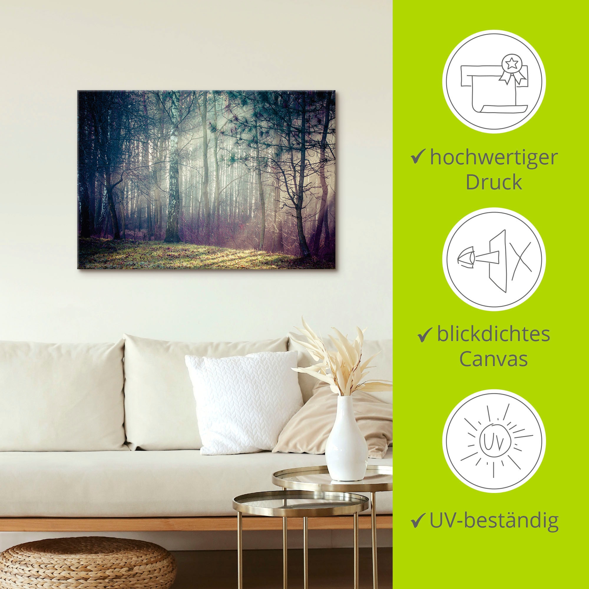 Artland Wandbild »Sonnenstrahlen im Wald«, Waldbilder, (1 St.), als Alubild, Outdoorbild, Leinwandbild in verschied. Größen