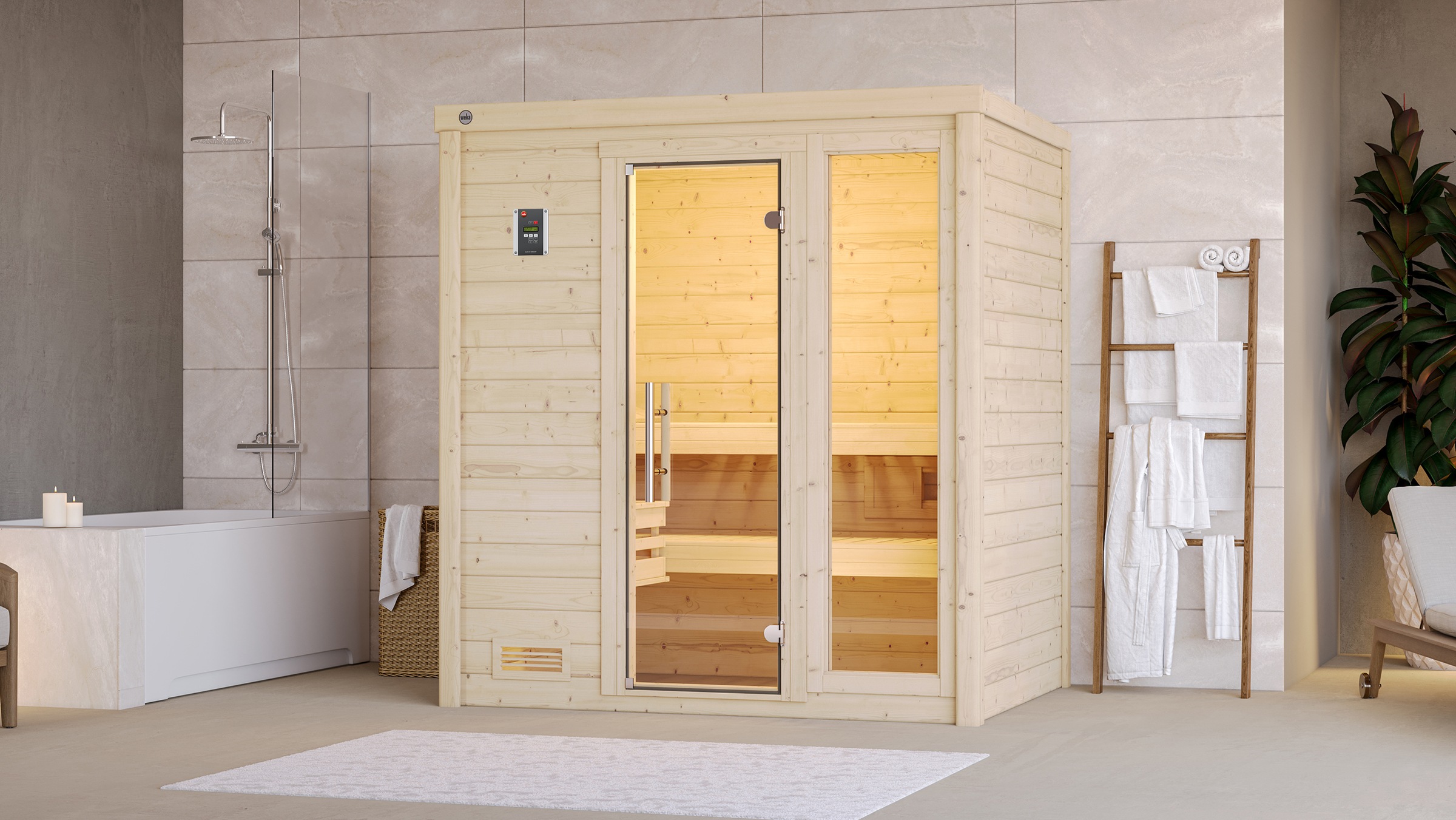 weka Sauna »Massivholzsauna BERGEN 1«, Blockbohlen, Fensterelement, moderne Ganzglastür