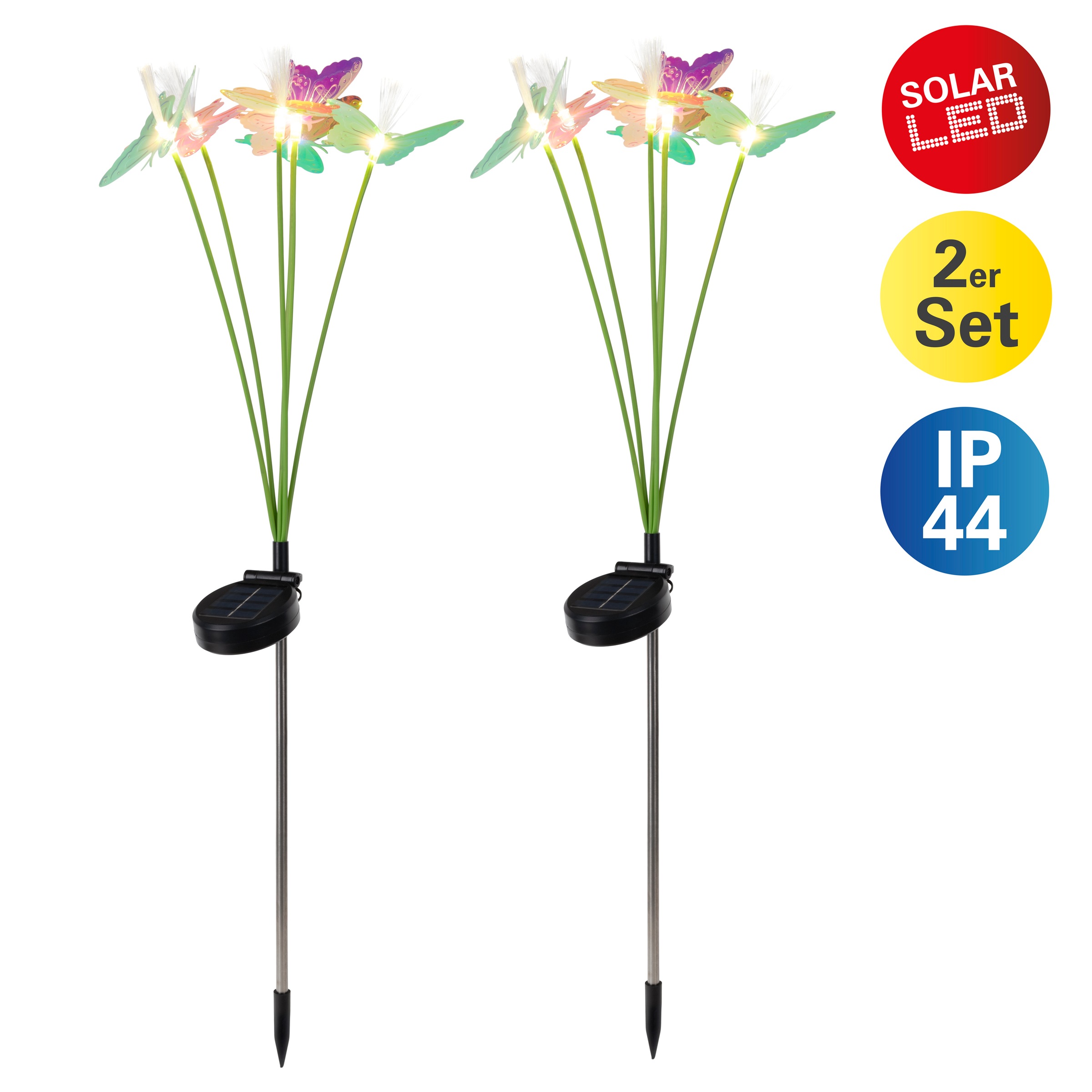 LED Solarleuchte NÄVE "Mariposa", bunt, H:70cm, Leuchten, 2er-Set Dekoerdspieß, je 6 Schmetterlinge, je 6 LED, H: 70cm, bunt