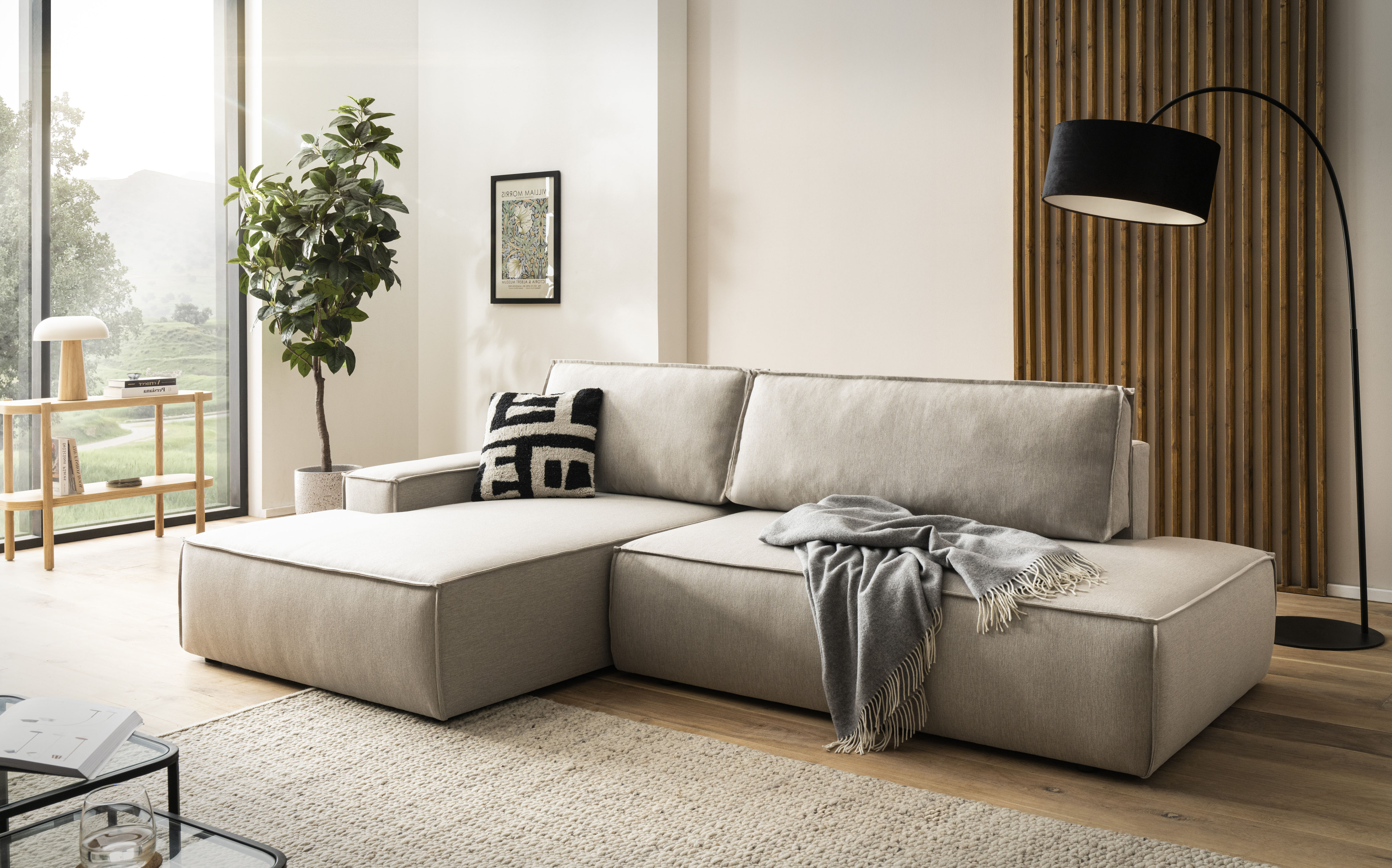 OTTO home Ecksofa "SHERWOOD Leinenoptik Schlafsofa in L-Form offen (275cm)" Schlaffunktion und Bettkasten, Kedernaht, hoher Sitz- & Liegekomfort