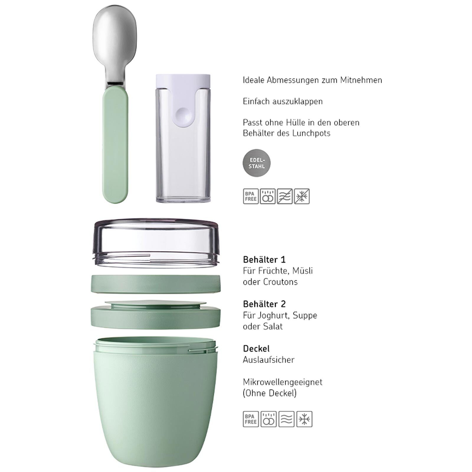 Thumbnail - Mepal Lunchbox "Lunchpot mit Snack-Deckel und Klapplöffel Ellipse 500 (+ 200 ml)" 3 Stk. tlg.