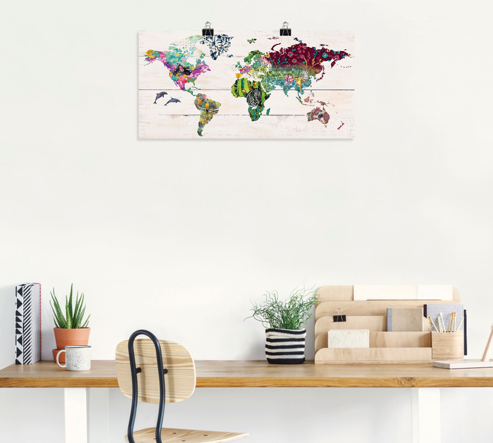 Artland Wandbild "Bunte Welt auf hölzernem Untergrund", Landkarten, (1 St.) günstig online kaufen