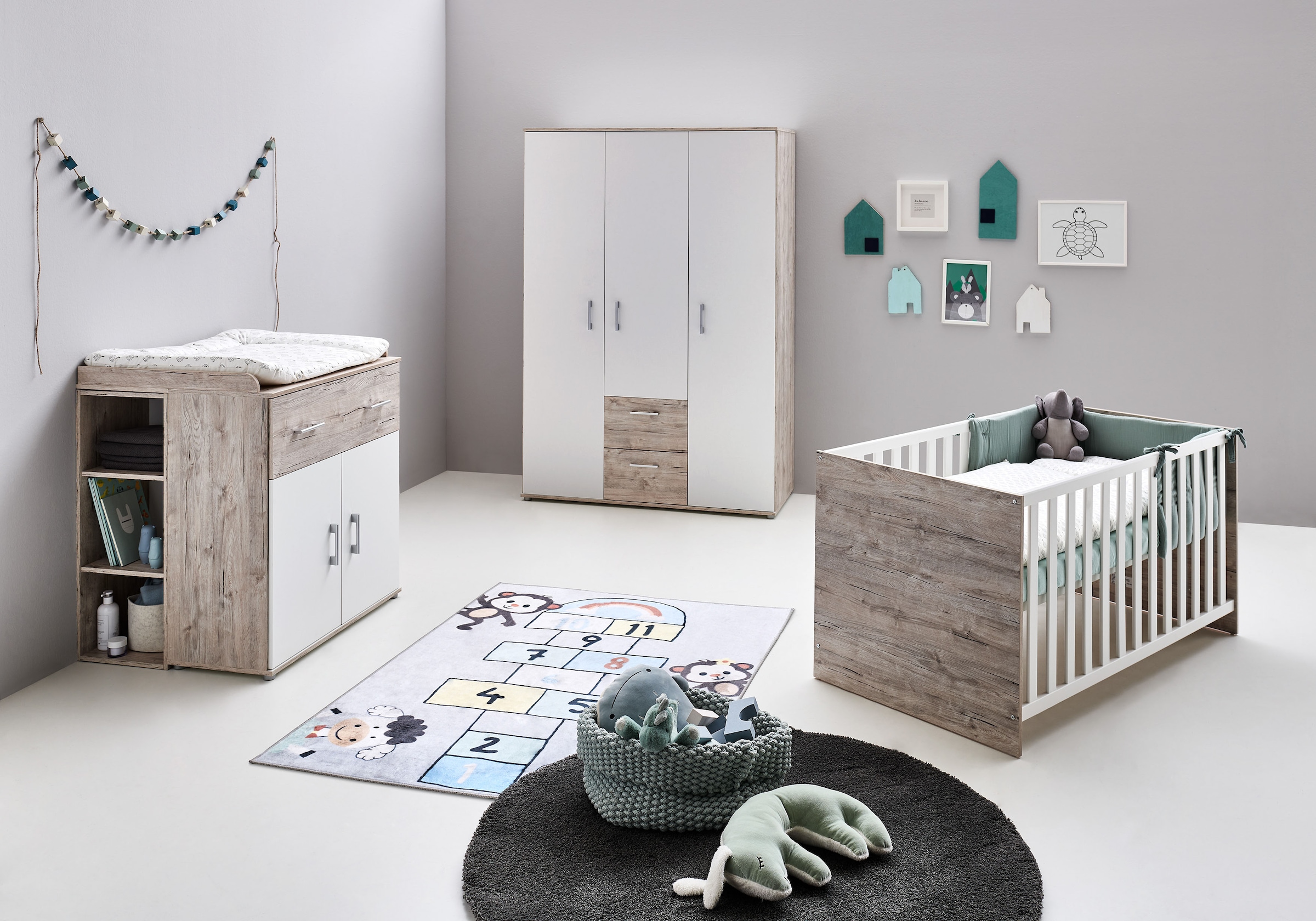 OTTO home Babyzimmer-Komplettset "Rieke Bis ins Jugendalter, toll für kleine Zimmer" Spar-Set, Kinderbett, Schrank 3 türig, Wickelkommode + Unterbauregal