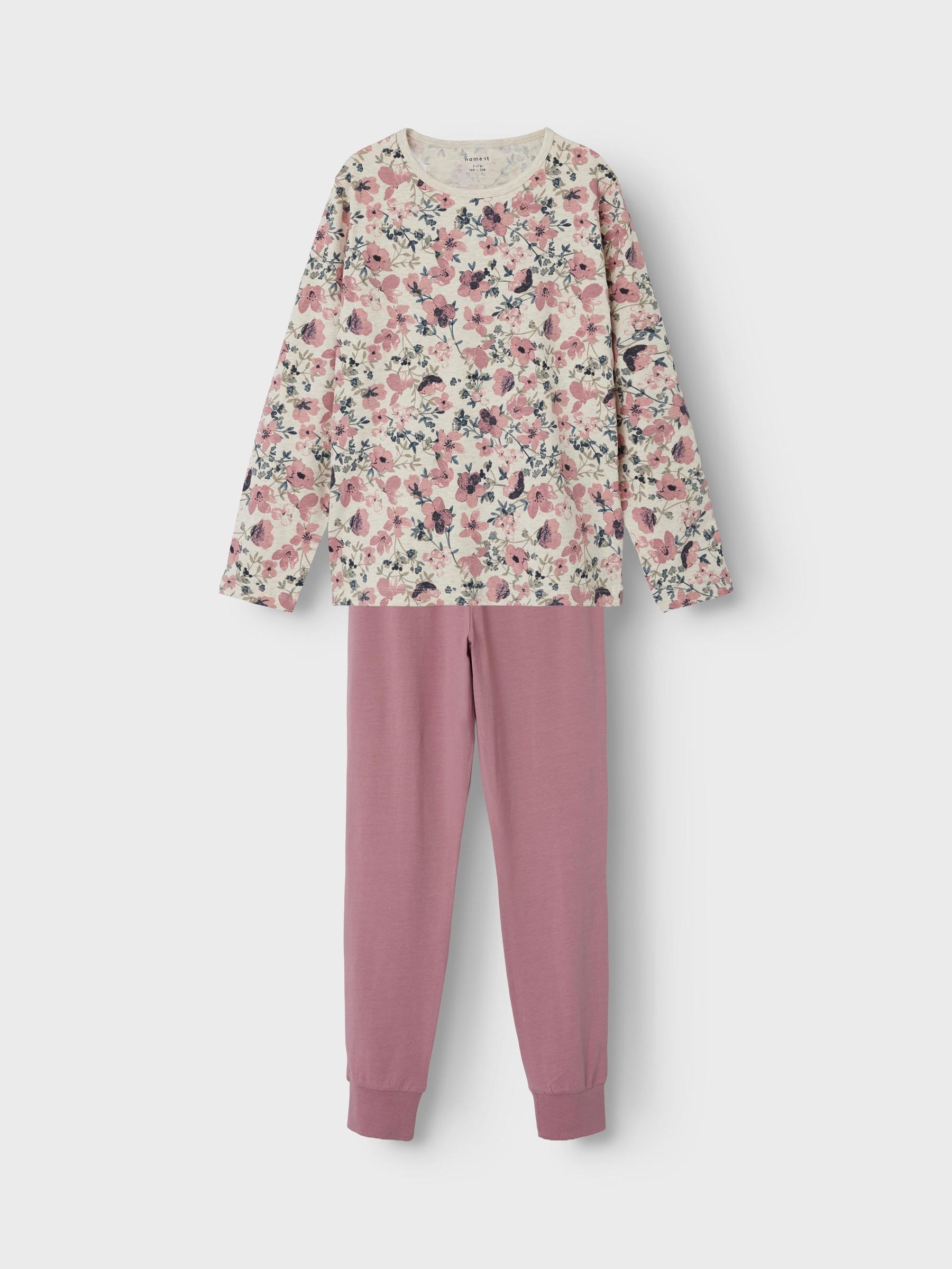 Pyjama NAME IT "NKFNIGHTSET NOSTALGIA FLOWER NOOS", Mädchen, Gr. 146 (152), rosa (nostalgia rose), Jersey, Obermaterial: 95% Baumwolle, 5% Elasthan, bedruckt, relaxed fit normal, Rundhals, abgesteppte Kante, Homewear-Sets Pyjama, in Basic-Form 3