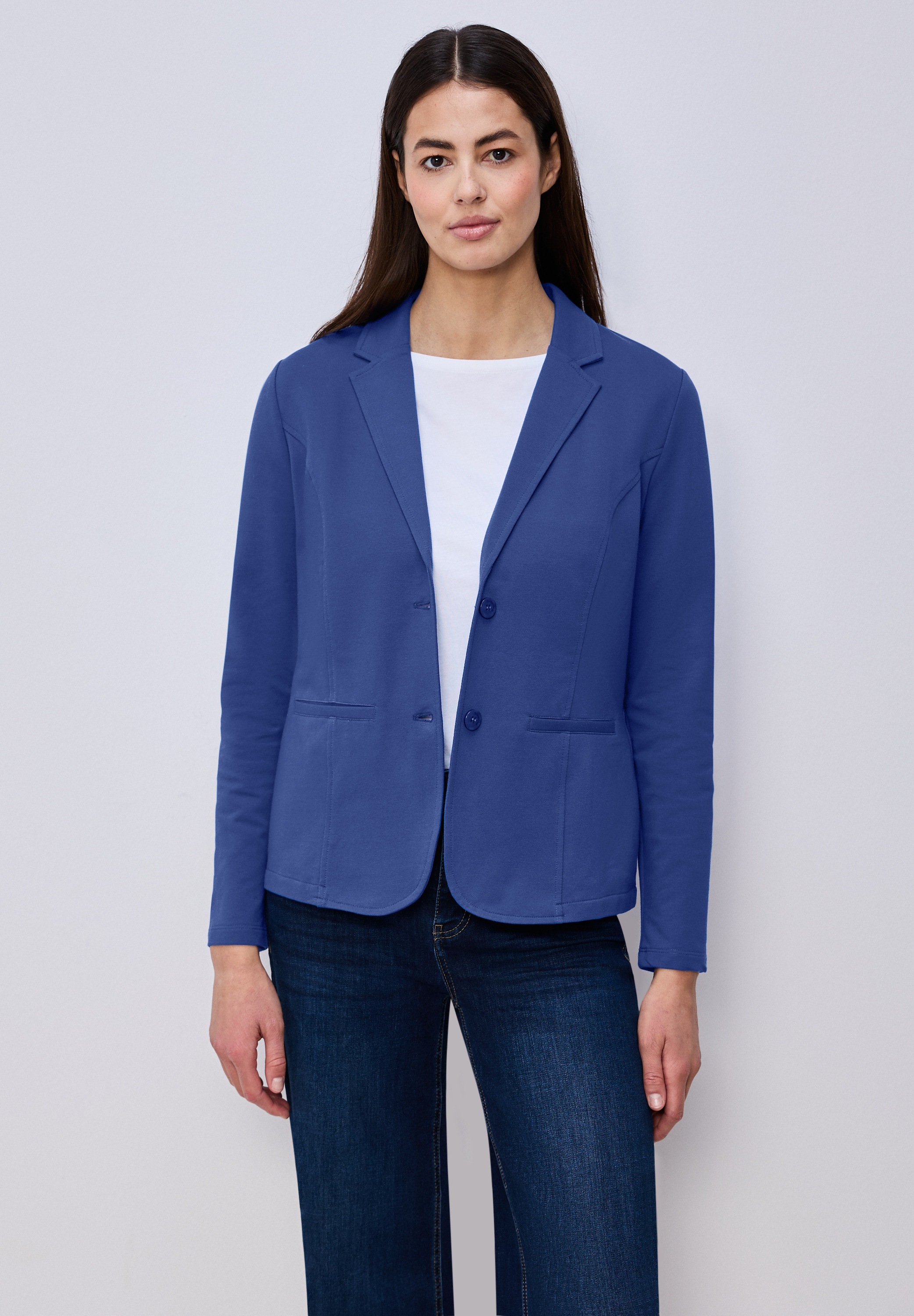 STREET ONE Damen Sweatblazeramparo blau, Gr. 40, unifarben, Jersey, 93% Baumwolle, 7% Elasthan, Blazer, im soften Baumwoll-Mix