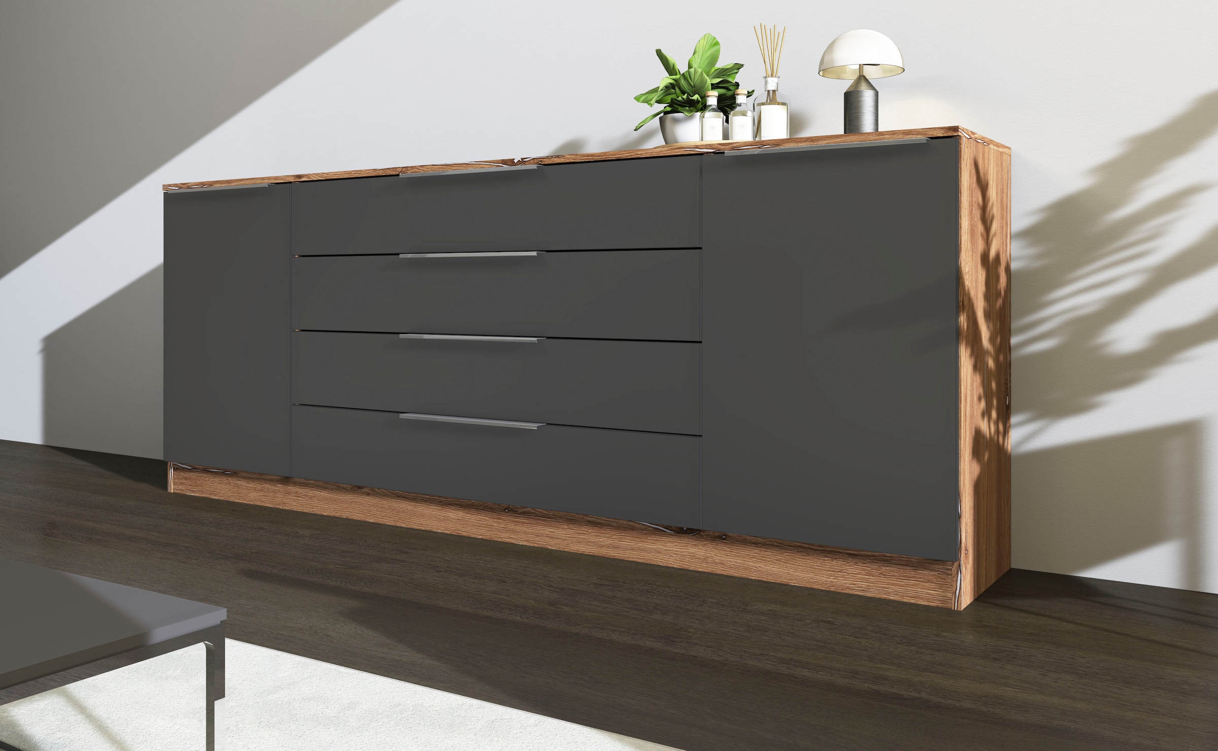 Kommode BORCHARDT MÖBEL, B:200cm H:78cm T:35cm, grau, Holzwerkstoff, Schlafzimmer, Sideboards, "Oliva", Breite 200 cm, mit 4 Schubkästen