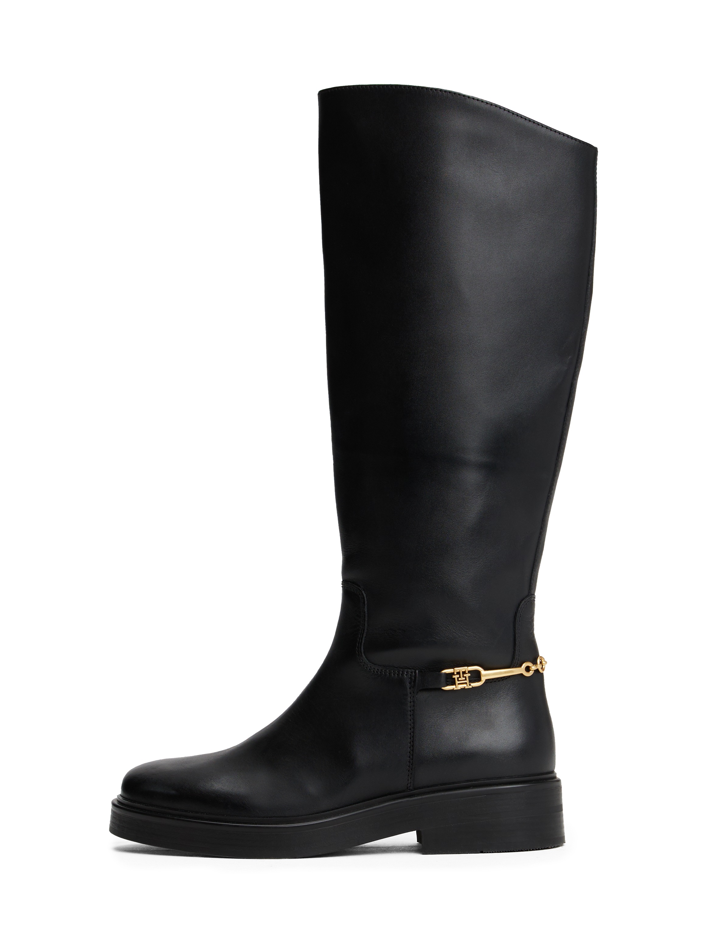 Tommy Hilfiger Stiefel »TH HORSEBIT RIDING LONG BOOT«, Blockabsatz, Langschaftstiefel, goldfarbene Zierkette an der Ferse