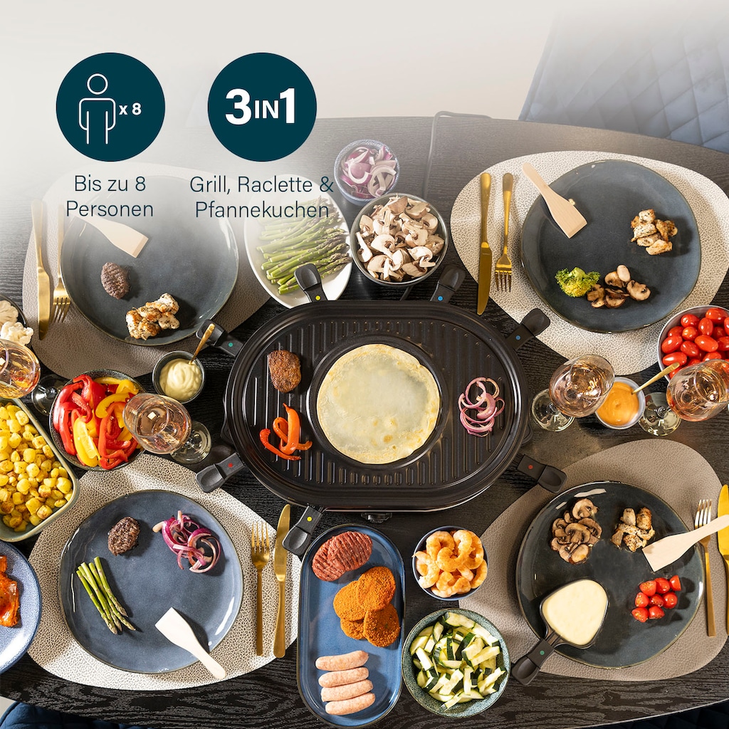 PRINCESS Raclette »162700 - Oval - 8 Pfannen«, 8 St. Raclettepfännchen, 1200 W, Multifunktionale Platte, inklusive 8 Pfännchen und 8 Holzschabern