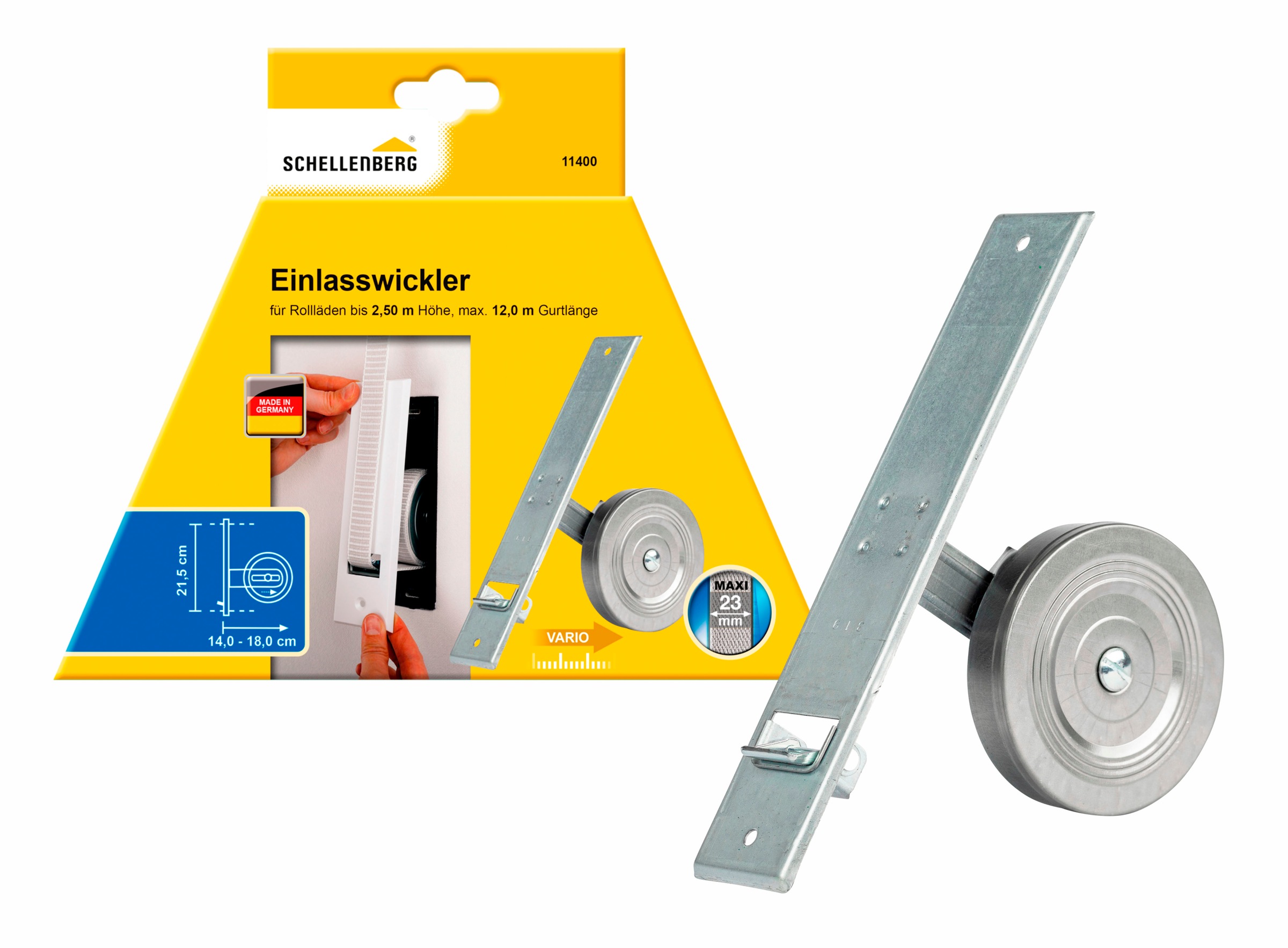 SCHELLENBERG Einlass-Gurtwickler "für das Rollladensystem Maxi, Lochabstand 21,5 cm, Unterputz-Montage" Set, 1 Stk. tlg. für Rollladengurte mit 23 mm Breite