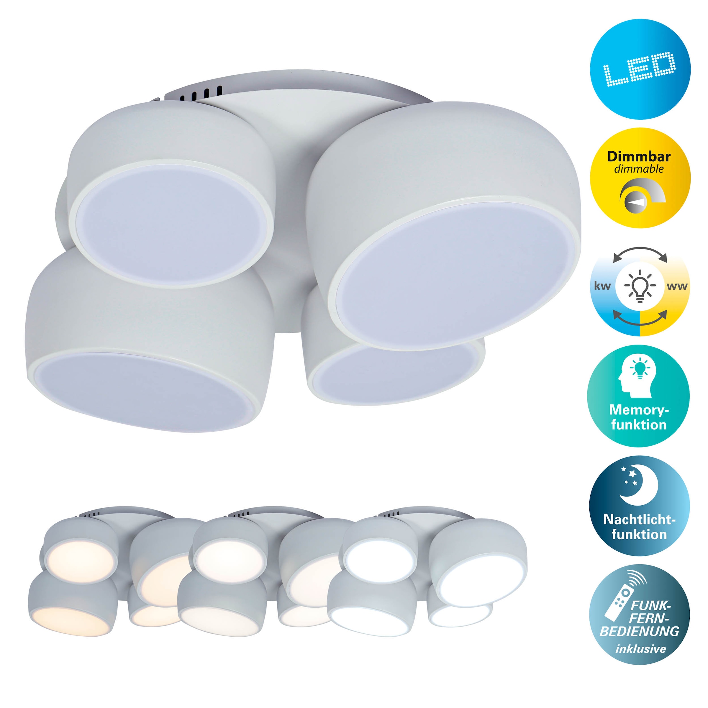 NÄVE LED Deckenleuchte "Eliora", 4, H: 15cm, 1 Stk.weiß, Wohnzimmer, Leuchten, LED, dimmbar, CCT, Memory, Nachtlicht, Funkfernbedienung, weiß