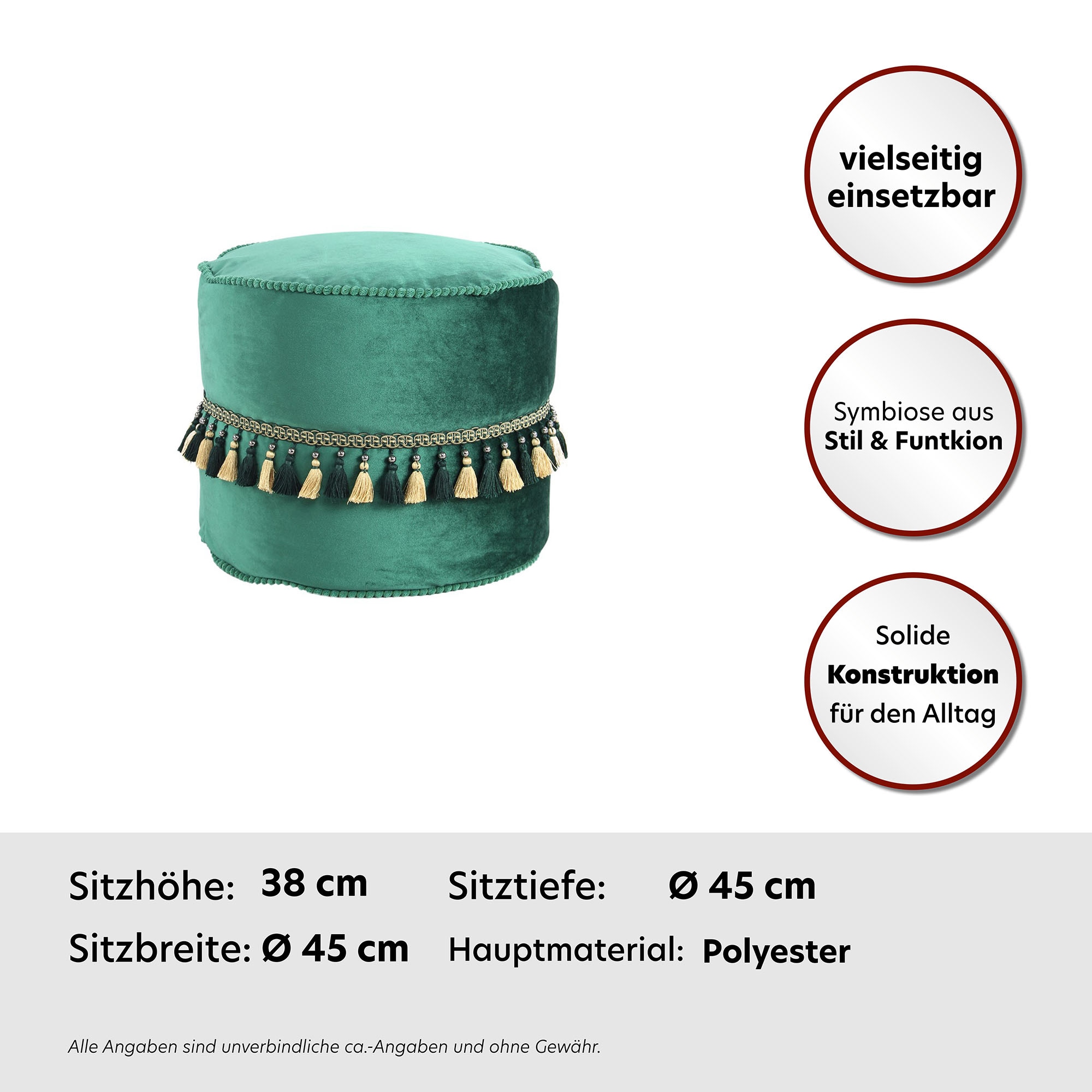 Kayoom Sitzhocker »Pouf Taj Mahal 225, samtweiche Oberfläche«, (1 St.), samtweich, verziert, Füllung aus flexiblen Styroporkugeln