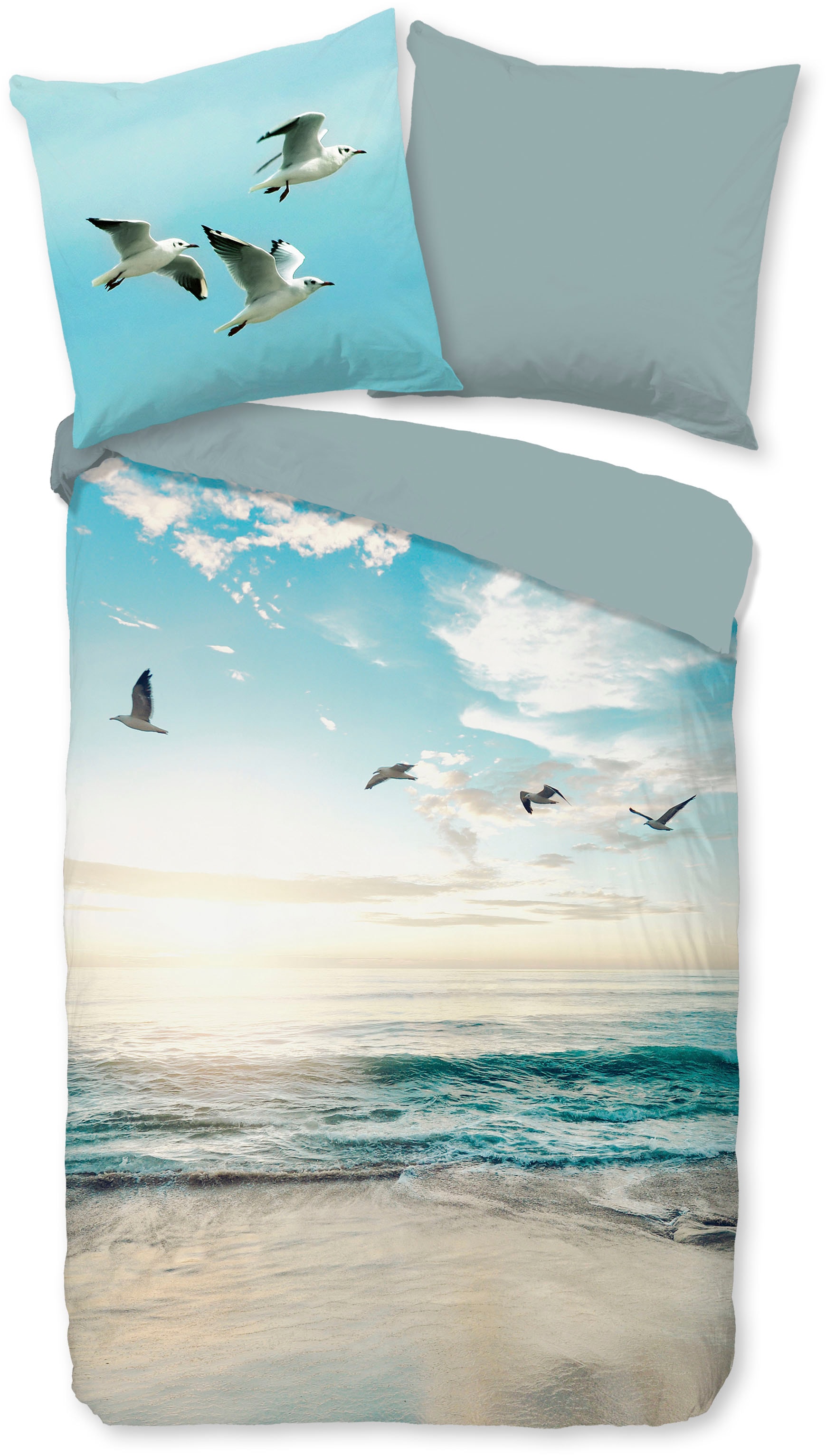 good morning Wendebettwäsche »Brisa«, 100% Baumwolle, Renforcé, Reißverschluss, Wendeoptik, Strand, Aqua