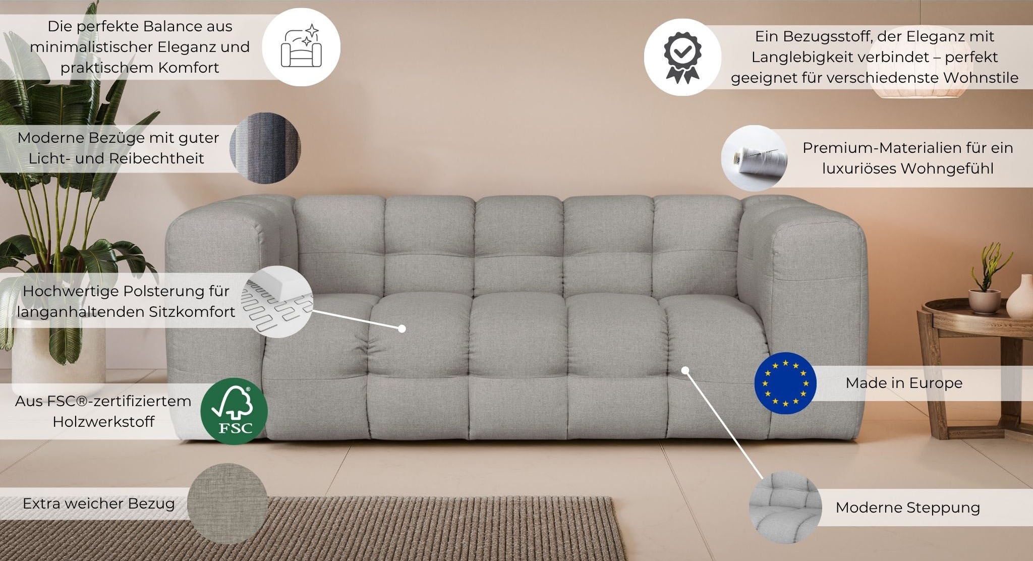 LeGer Home by Lena Gercke 3-Sitzer »TALISHA Designersofa, moderne Steppung, Maße B/T/H: 229/110/75 cm« aufwendig gepolstert, hoher Sitzkomfort