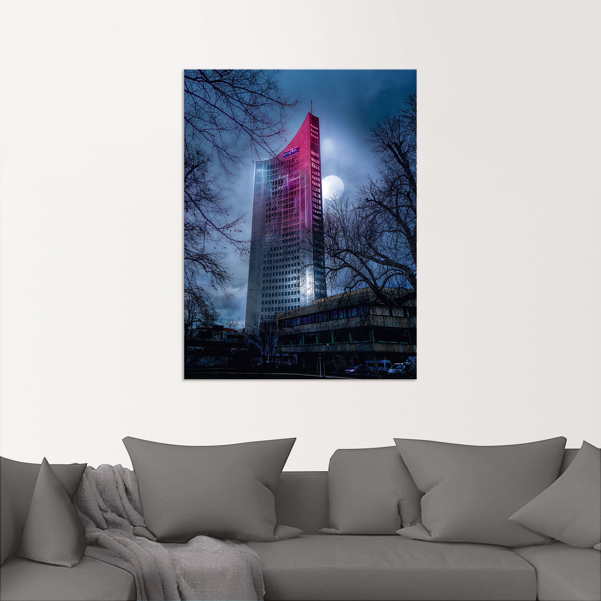 Artland Wandbild »FutureCity Hochhaus bei Vollmond Leipzig«, Gebäude, (1 St.), als Alubild, Leinwandbild, Wandaufkleber oder Poster in versch. Größen