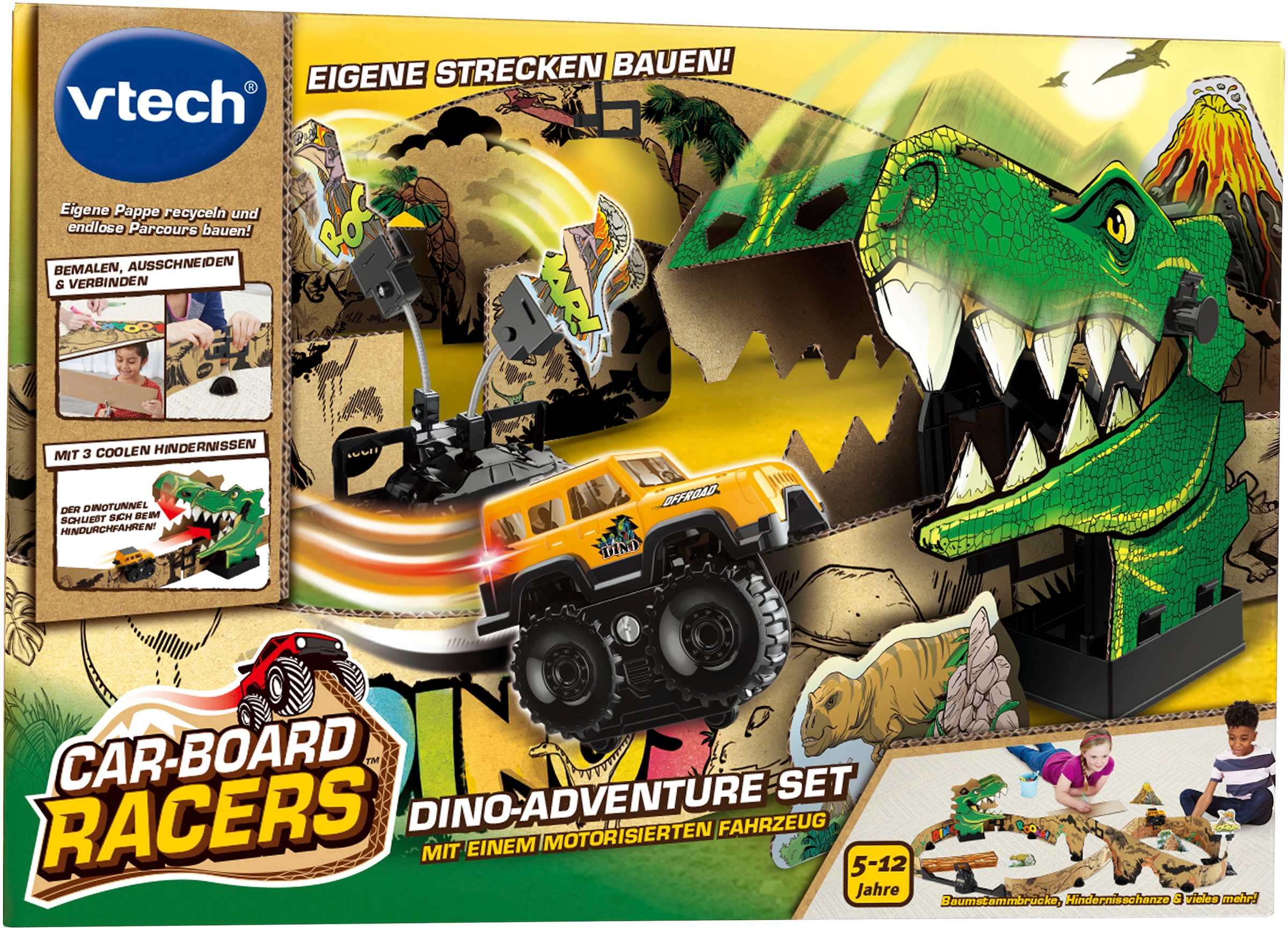 Vtech® Spielzeug-Monstertruck »Car-Board Racers - Dino-Adventure Set«, ; Fahrzeug mit Licht, aus recyceltem Material
